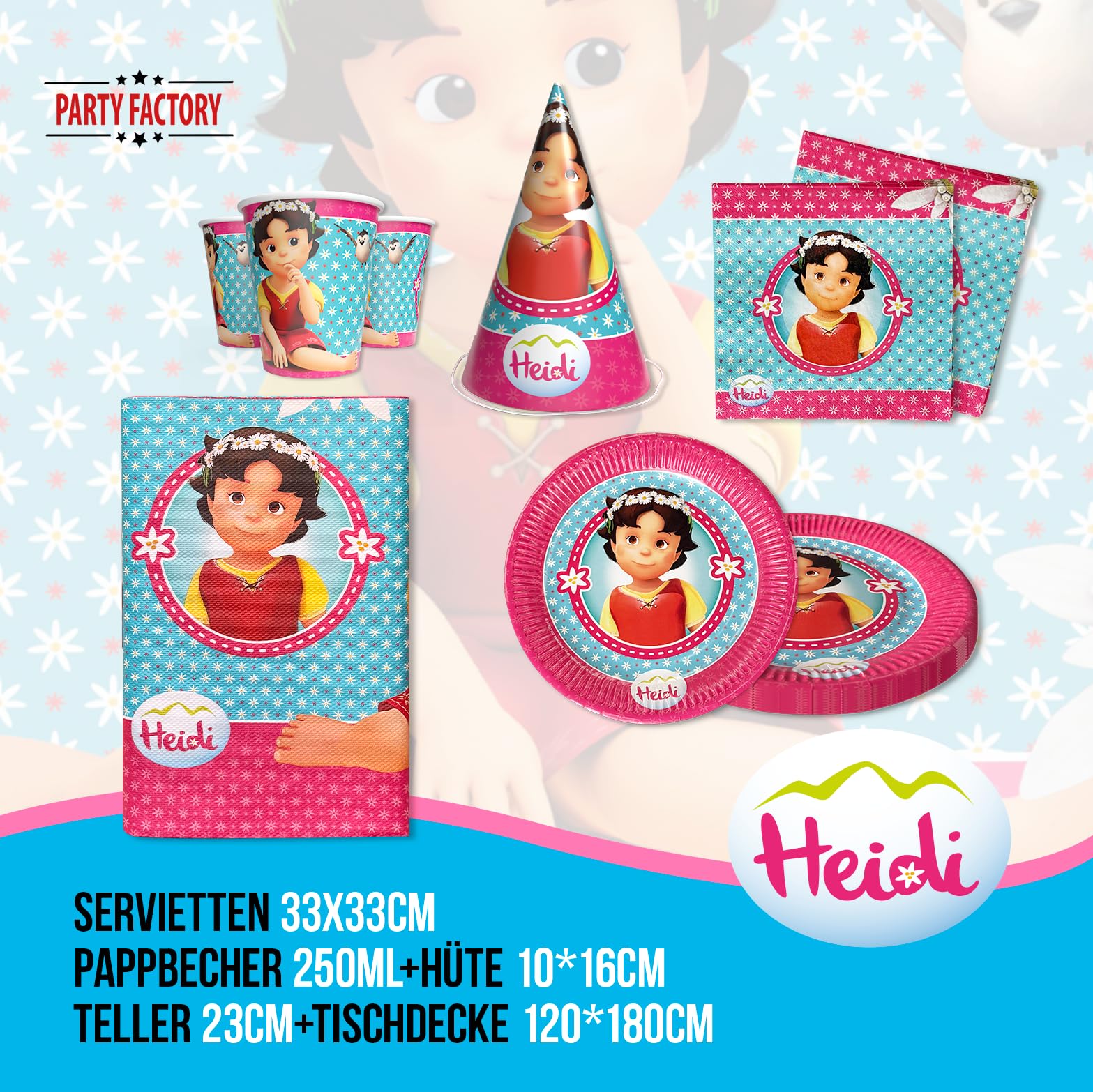 Heidi – Zeichentrick Geburtstagsdeko Komplettset für Kinder - 63 tlg. Tischdeko Pappgeschirr mit Wimpelkette für Kindergeburtstag & Mottopartys - Party Deko Bundle mit Tellern, Servietten etc.
