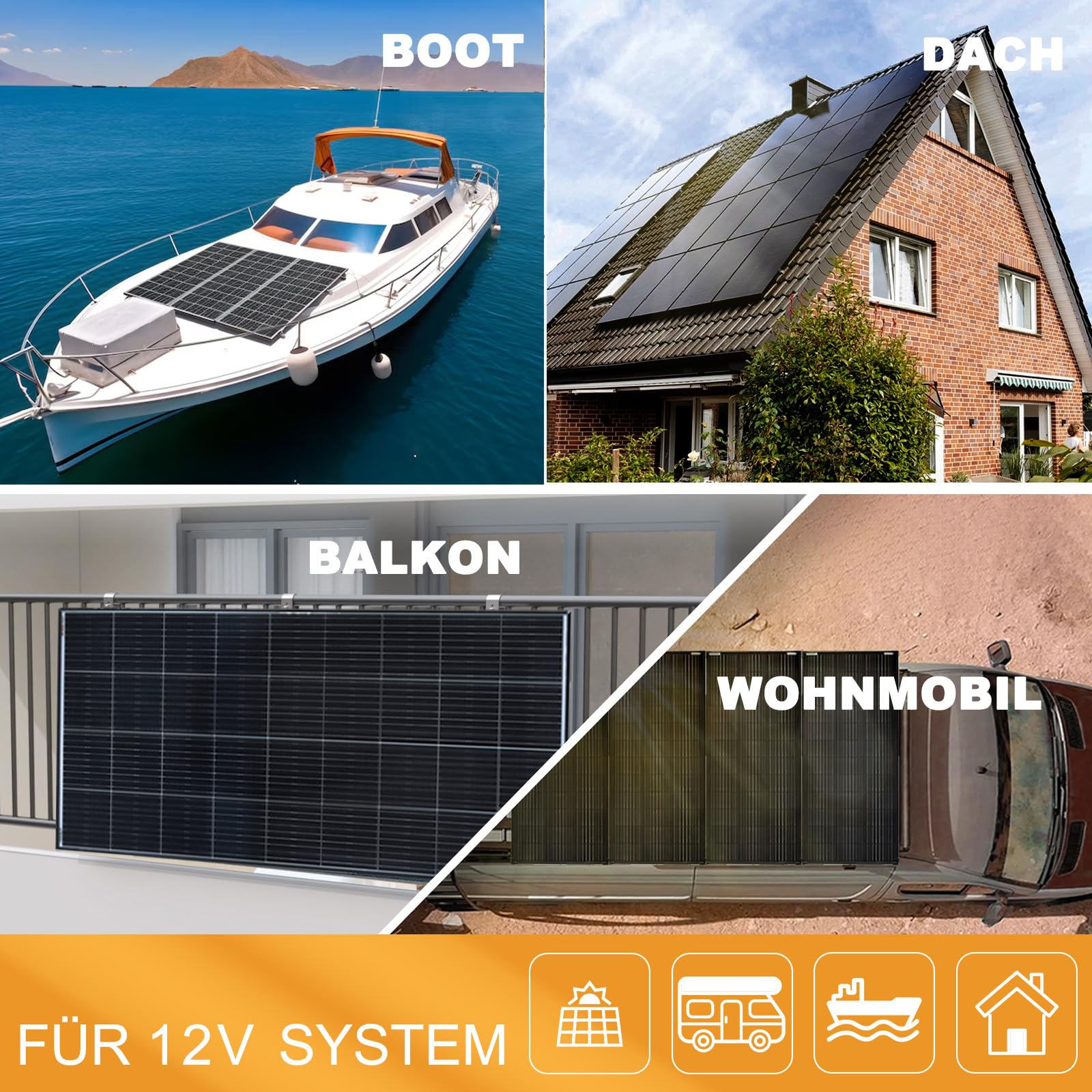 enjoy solar® Panel Solar Monocristalino 200W 12V, PERC 9BB – Ideal para autocaravanas, instalaciones en balcones, casas de jardín y embarcaciones (Marco Negro)