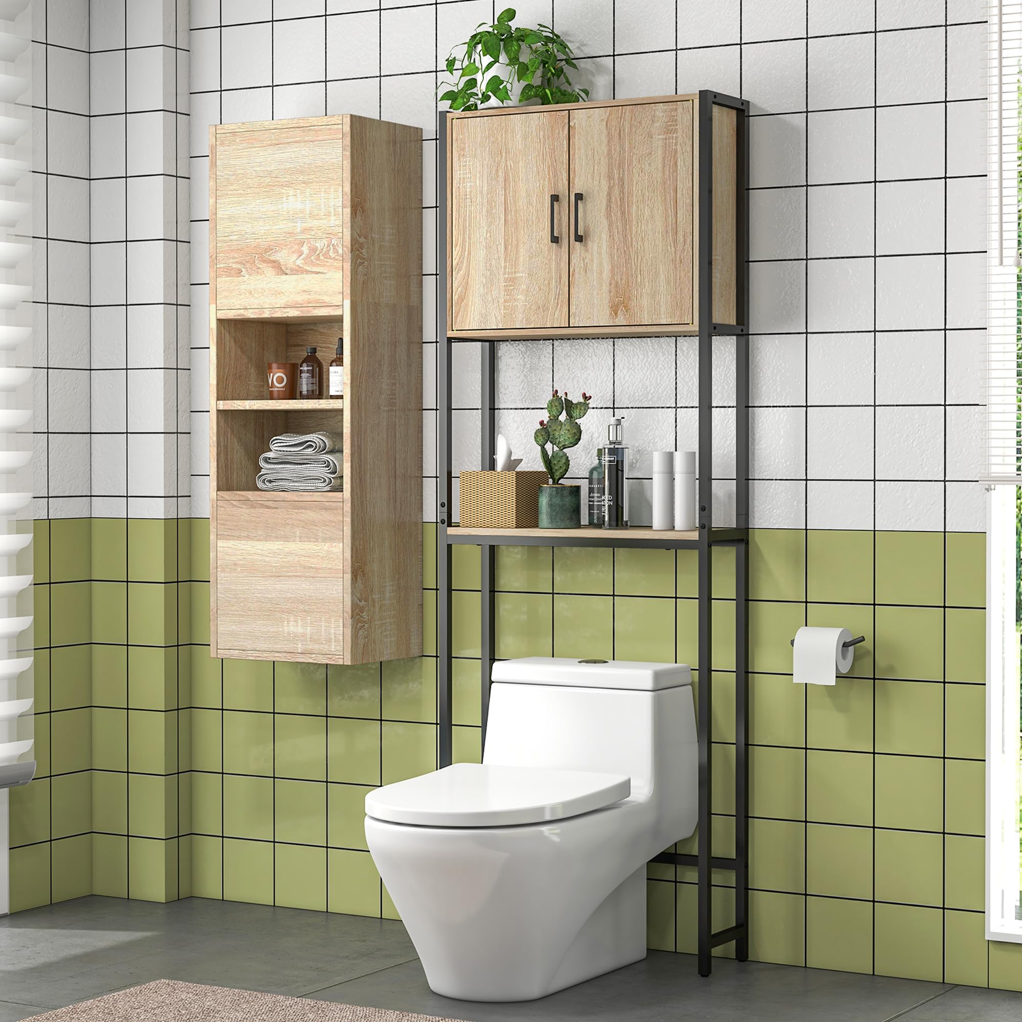 kleankin Mueble sobre Inodoro, Organizador sobre WC con 2 Puertas, Estante Ajustable, Estante Abierto, Estantería de Baño Encima WC para Espacio Pequeño, 64x19x178 cm, Natural