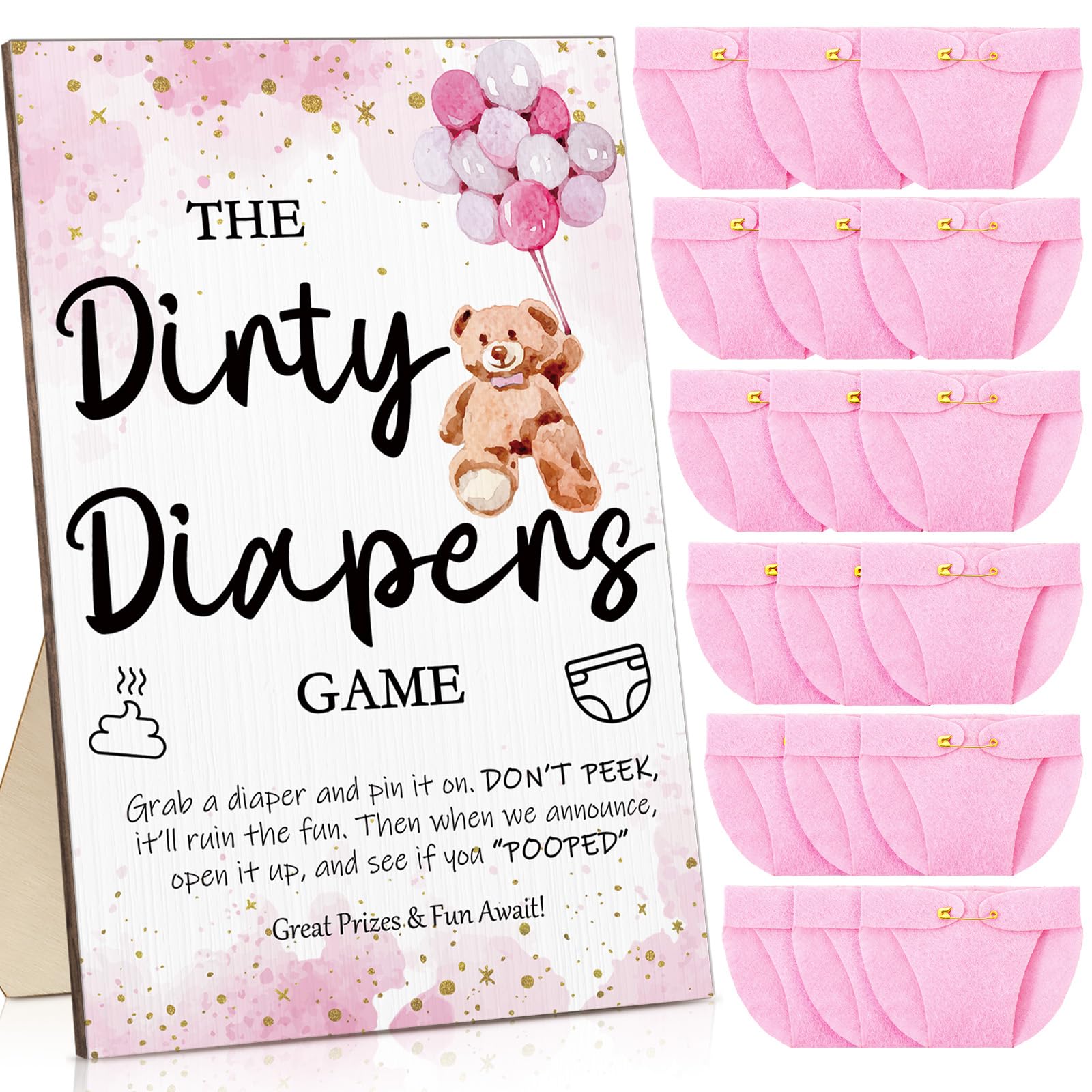 Roowest 51 Pcs Dirty Diaper Baby Shower Games Funny Wooden Sign with 50 Pcs Mini Diapers Cute Felt for Gender Reveal Party Baby Shower(Pink Bear)