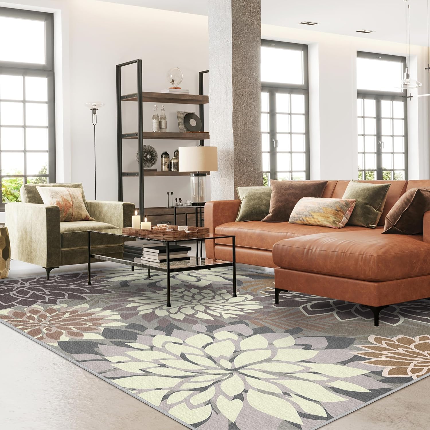 8x10 Outdoor Area Rug Washable Multicolored Patio Rug Tropical Botanical Floral Chenille Waterproof Outdoor Carpet Non-Slip for Deck, Backyard, Porch, Taupe Brown White 8' x 10' (Rectangular)