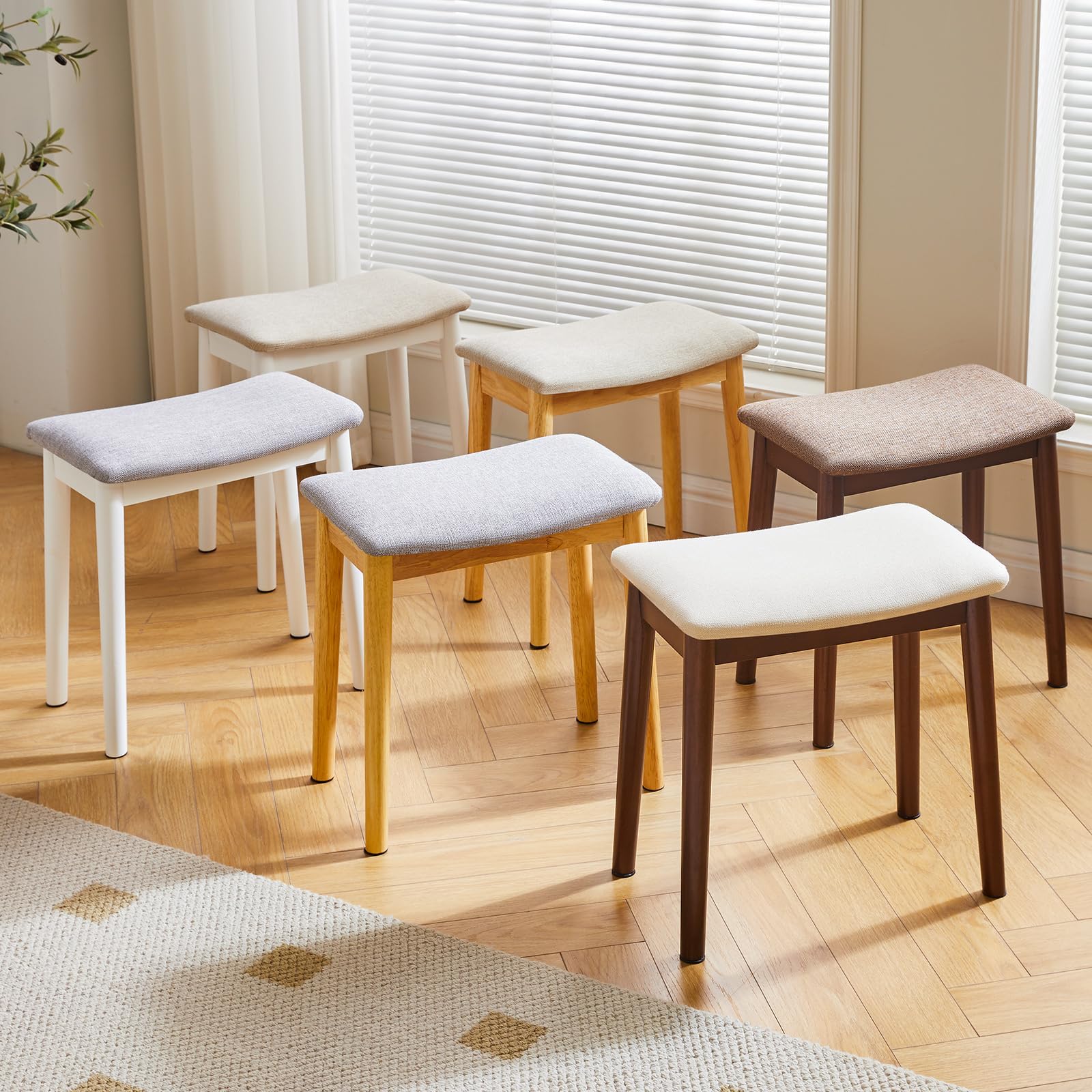 Taburete de tocador con cojín de silla de montar, taburete con patas de madera maciza, moderno banco otomano para piano, asiento tapizado para dormitorio, entrada, patas de nogal y lino marrón 8