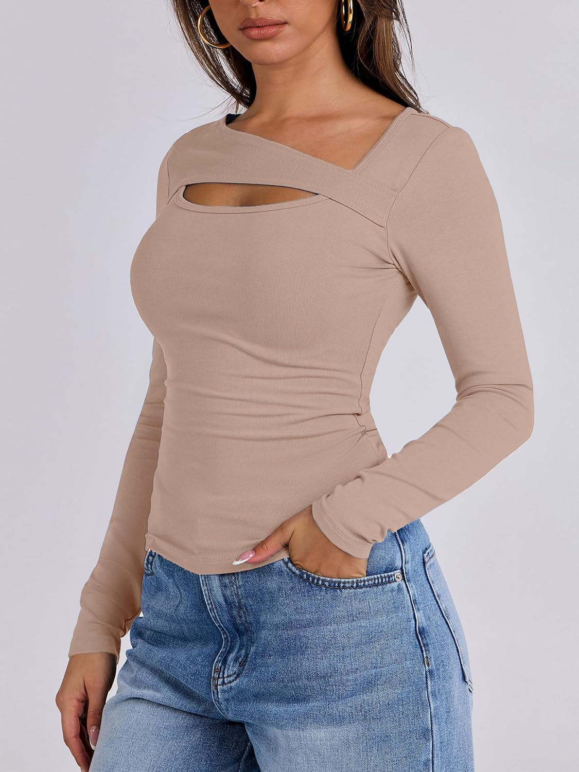 Womens Cutout Tops Trendy Sexy Long Sleeve Shirts Ribbed Slim Fit Tee 2024 Fall Fashion Going Out Tshirts Clothes - Image 3