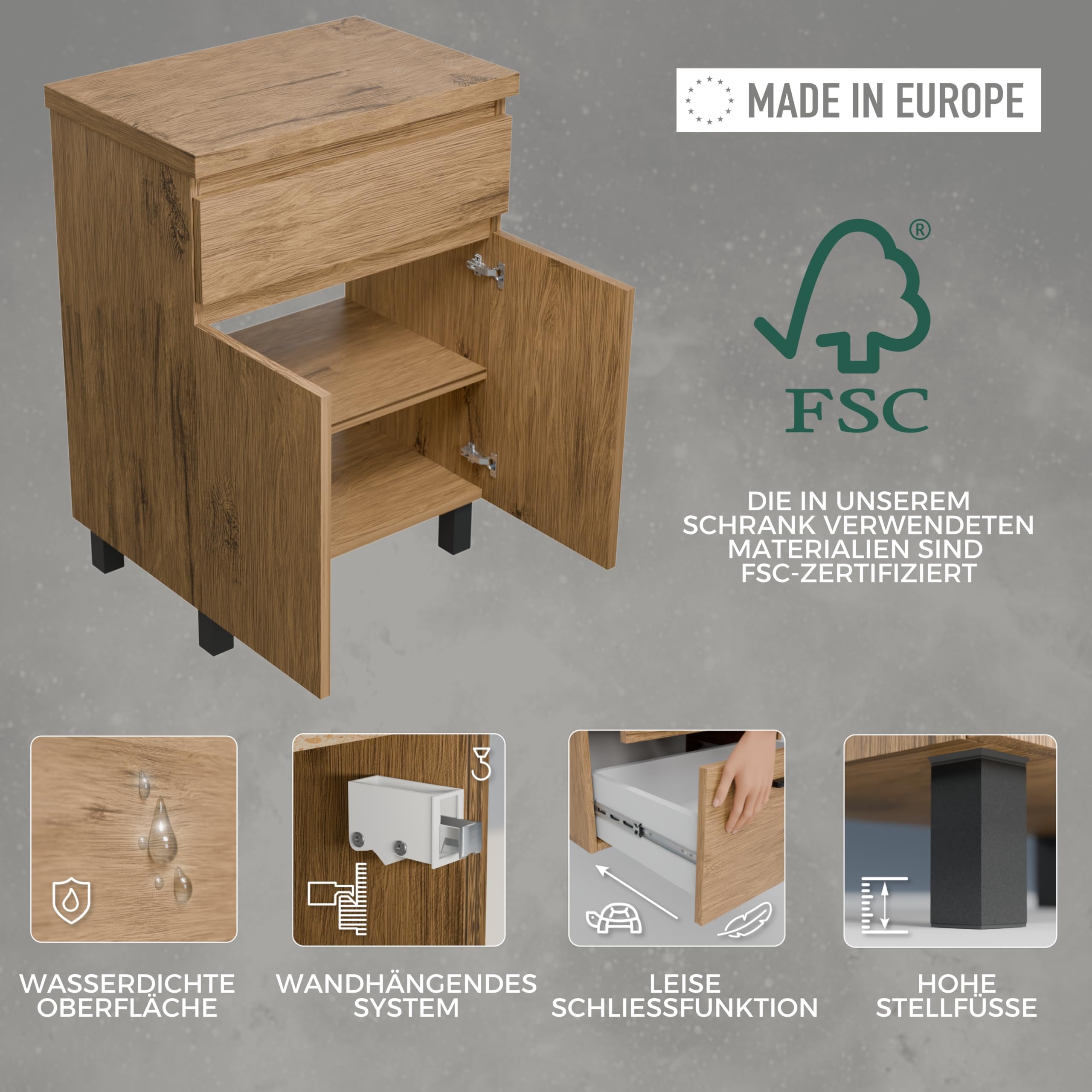 Waschbeckenunterschrank Ariza TOP 60 cm Breite, ohne Waschbecken, Unterschrank mit Schublade, Hängend oder Stehend, für Aufsatzwaschbecken - Holz/Eiche Lancelot