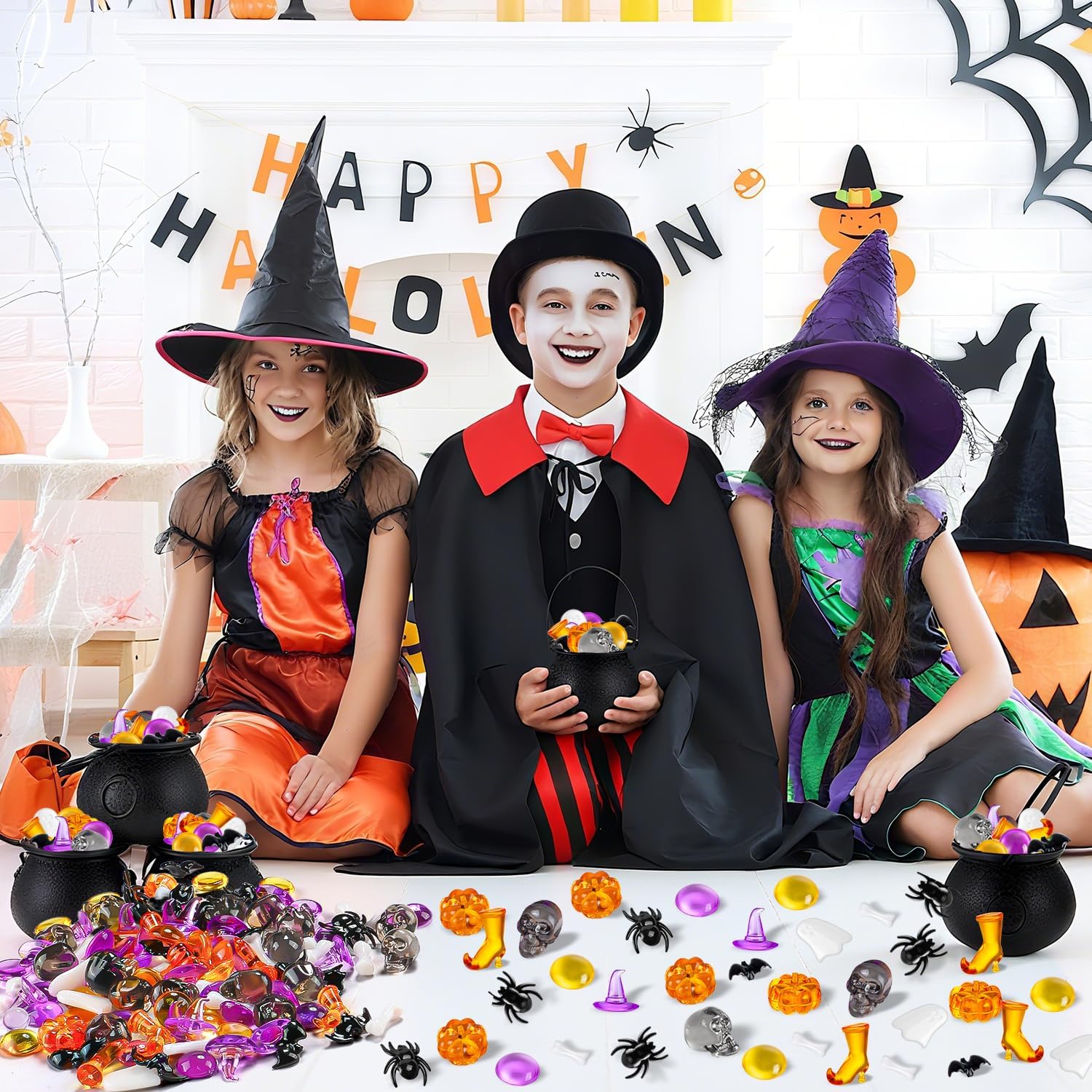 150 Pcs Halloween Vase Filler, Mini Acrylic Ghost Witch Hats Pumpkin Skull Bat Spider Orange Purple Beads for Centerpieces Table Decorations