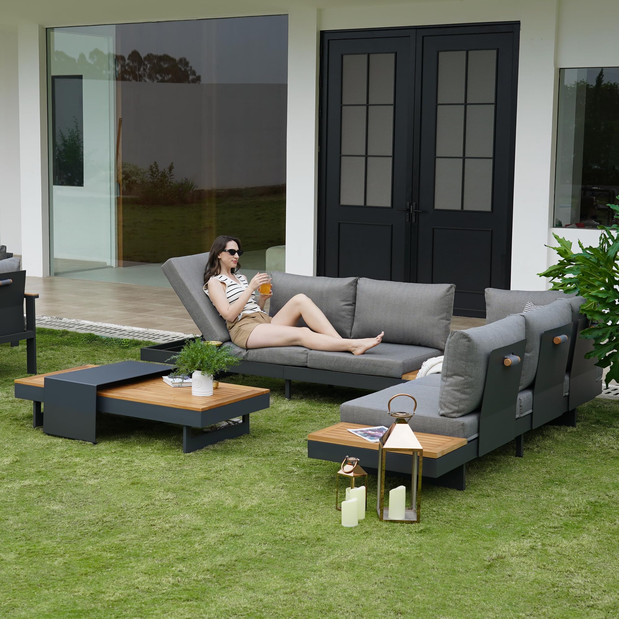 Homary Salon de Jardin Extérieur 6 Places Modulable Aluminium & Teck