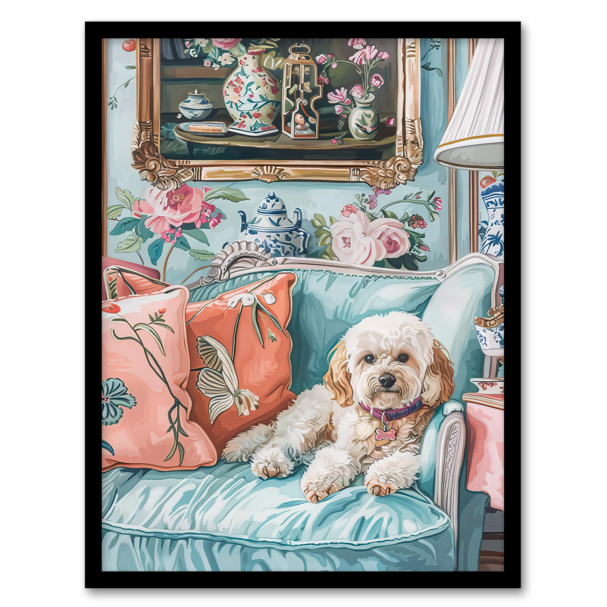 Artery8 Cockapoo Dog Lover Pink Teal Couch Pet Portrait For Living Room Artwork Framed Wall Art Print 18X24 Inch