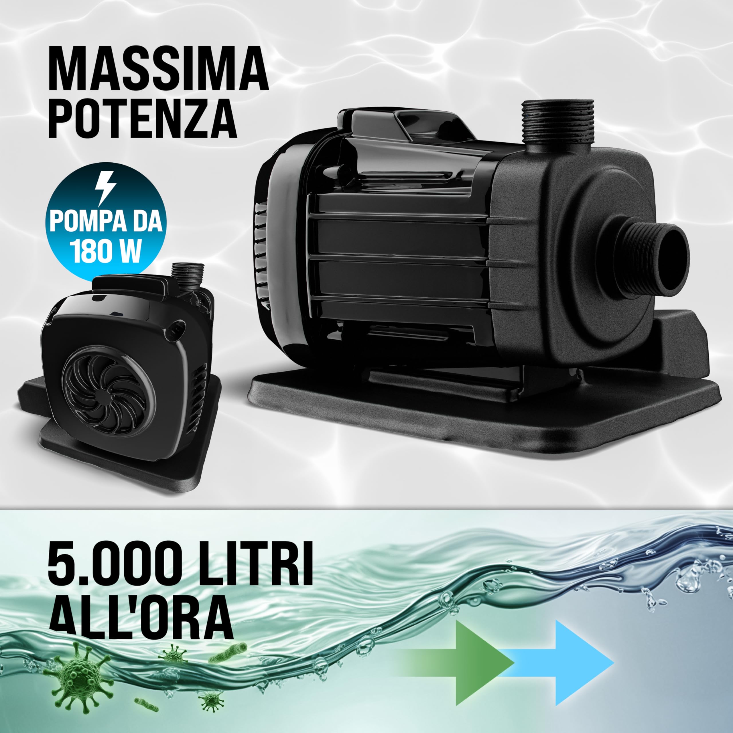 MONZANA® Filtro per Piscina MZPP180 5000 l/h fino a 15.000L incl. Palline Filtranti Valvola 7 Vie Adattatore 2in1 Ø32-38mm 180W Filtraggio per Piscina