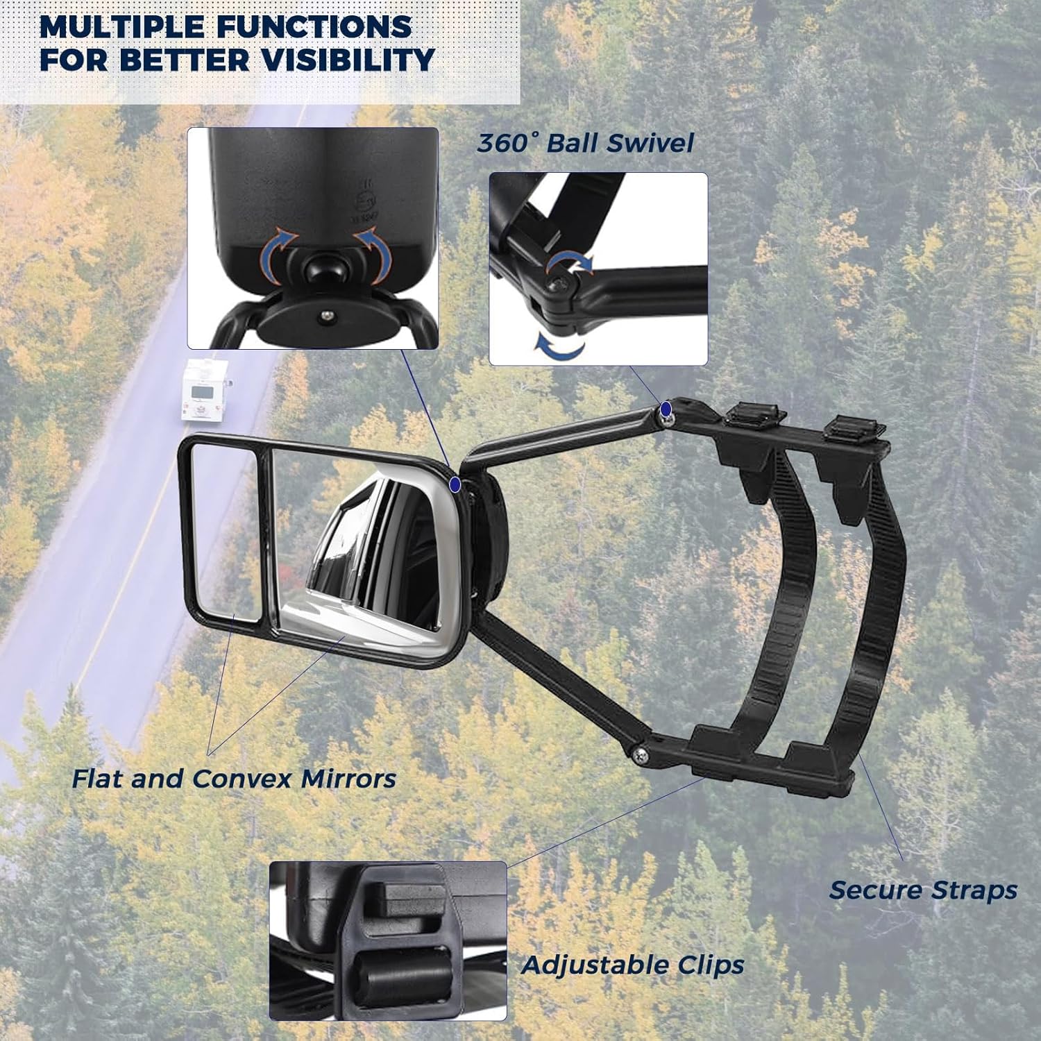 Towing Mirror Extensions - 2 Pack of Clip-on Universal Tow Mirrors for Car Ford Trucks Trailer - 360 Degree Rotation, Adjustable Dual View - Durable and Weather Resistant