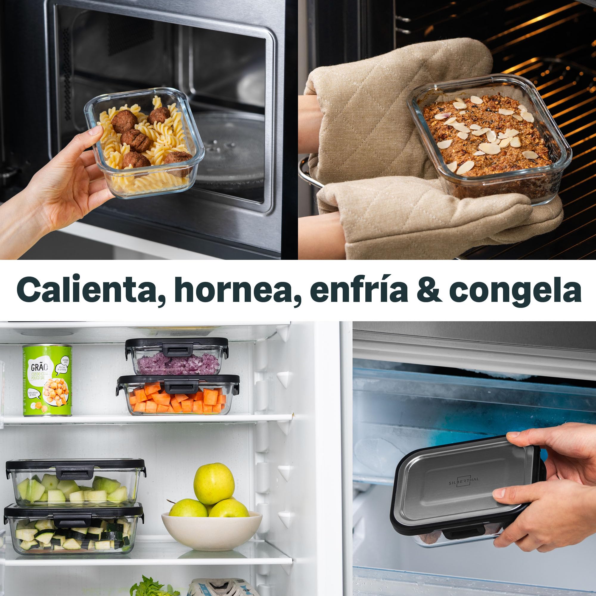 SILBERTHAL Set 3 fiambreras cristal herméticas - 370/640/1040ml microondas | Recipientes de cristal con tapa de Acero inoxidable - 370ml, 640ml y 1040ml - Vidrio DE borosilicato
