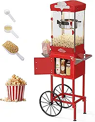 Sesslife Máquina de pipoca de 290 ml com chaleira de fácil desencaixe, carrinho para máquina de pipoca faz 40 xícaras, máquina de pipoca estilo cinema com roda para comercial doméstico (vermelho1)