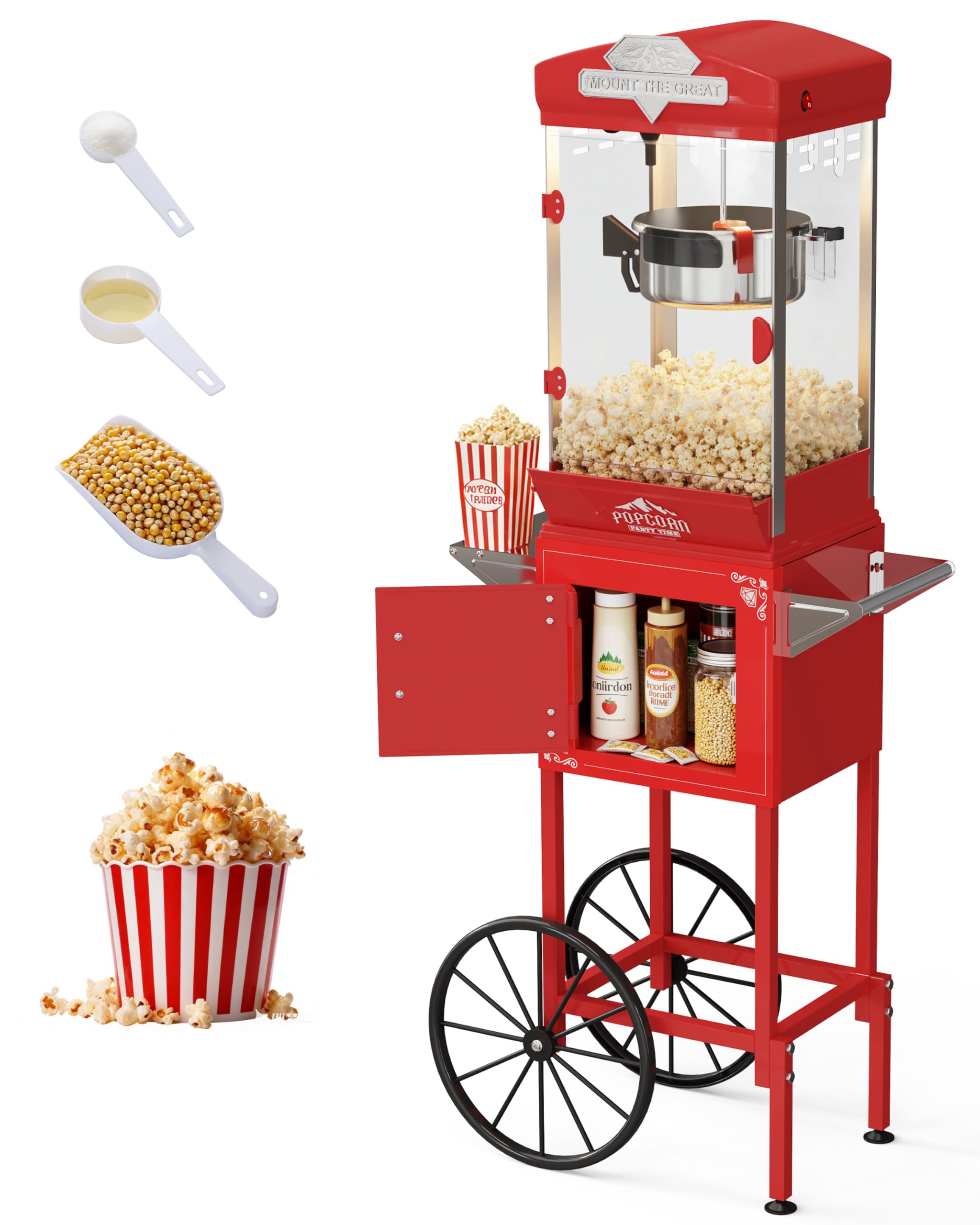 Popcorn Machine, 10 Oz Vintage Popcorn Machine Cart with Wheels, Professional Movie Theater Style Popcorn Popper Makes Up to 40 Cups, Popcorn Maker Machine for Home &amp; Commercial