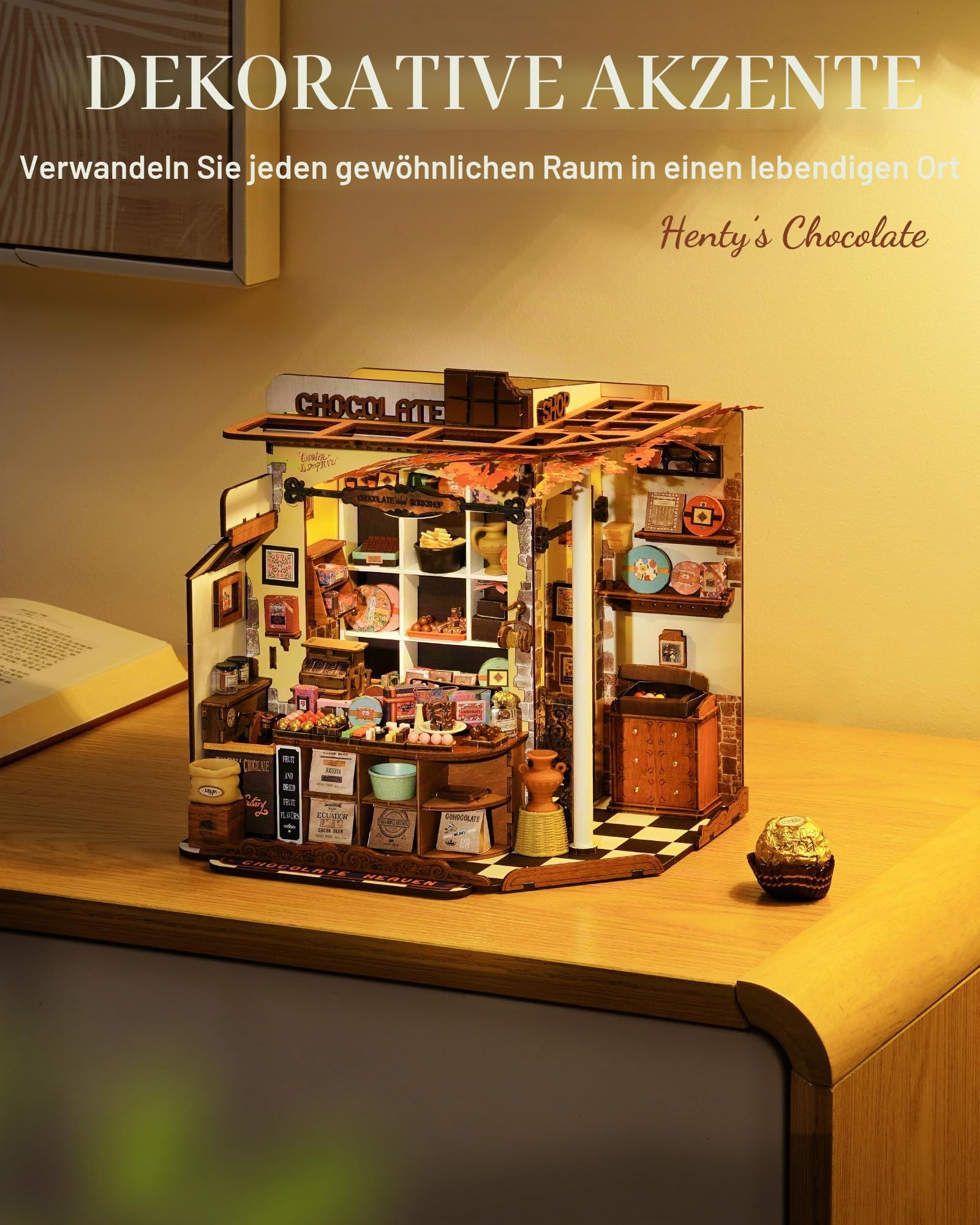 ROBOTIME DIY Miniatur Haus Bausatz Henry's Schokolade, Holz Puppenhaus Modell Bausatz Mit LED und Möbeln, Wohndekor Bastelgeschenke für Erwachsene und Jugendliche