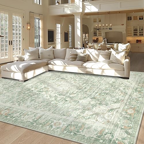 Area Rug 9x12 Living Room Rug, Soft Vintage Washable Rug with Anti-Skid Backing Stain Resistant Thin Indoor Carpet Large Area Rug for Bedroom Under Dining Room Table Nursery-Green