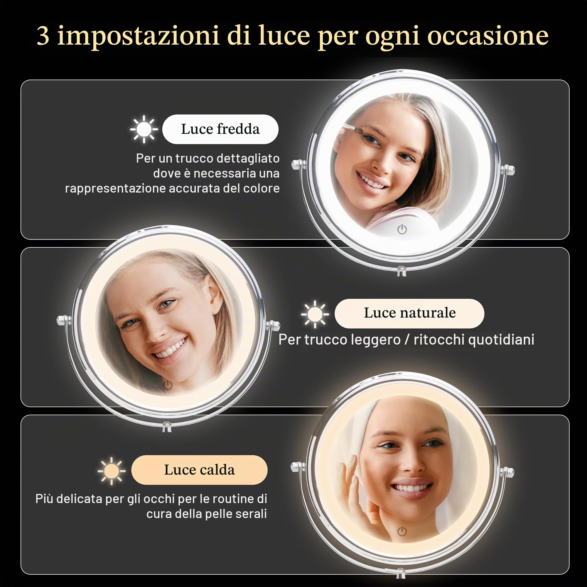 MIRRORVANA Specchio ingranditore illuminato 20X/1X su supporto (cromato)