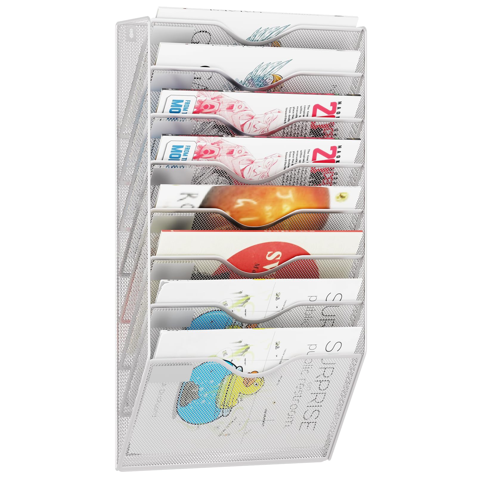 8 Pockets Mesh Hanging Wall File Holder Organizer Wall Mounted Paper Magazine Rack, Silver