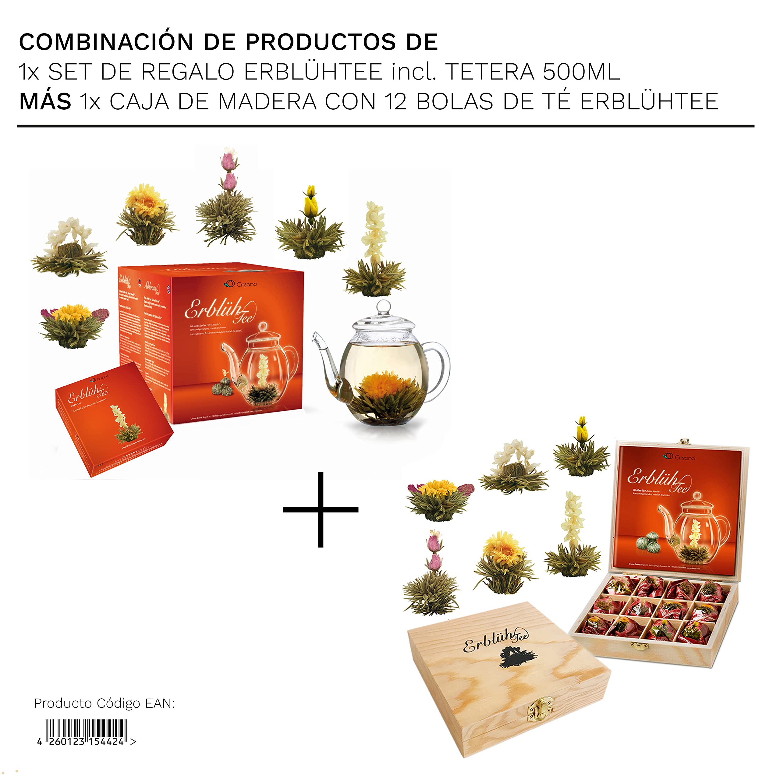 Creano Set XXL Flores de Té Blanco 18 uds Tetera 500ml Antigoteo Cofre Madera Regalo Boda