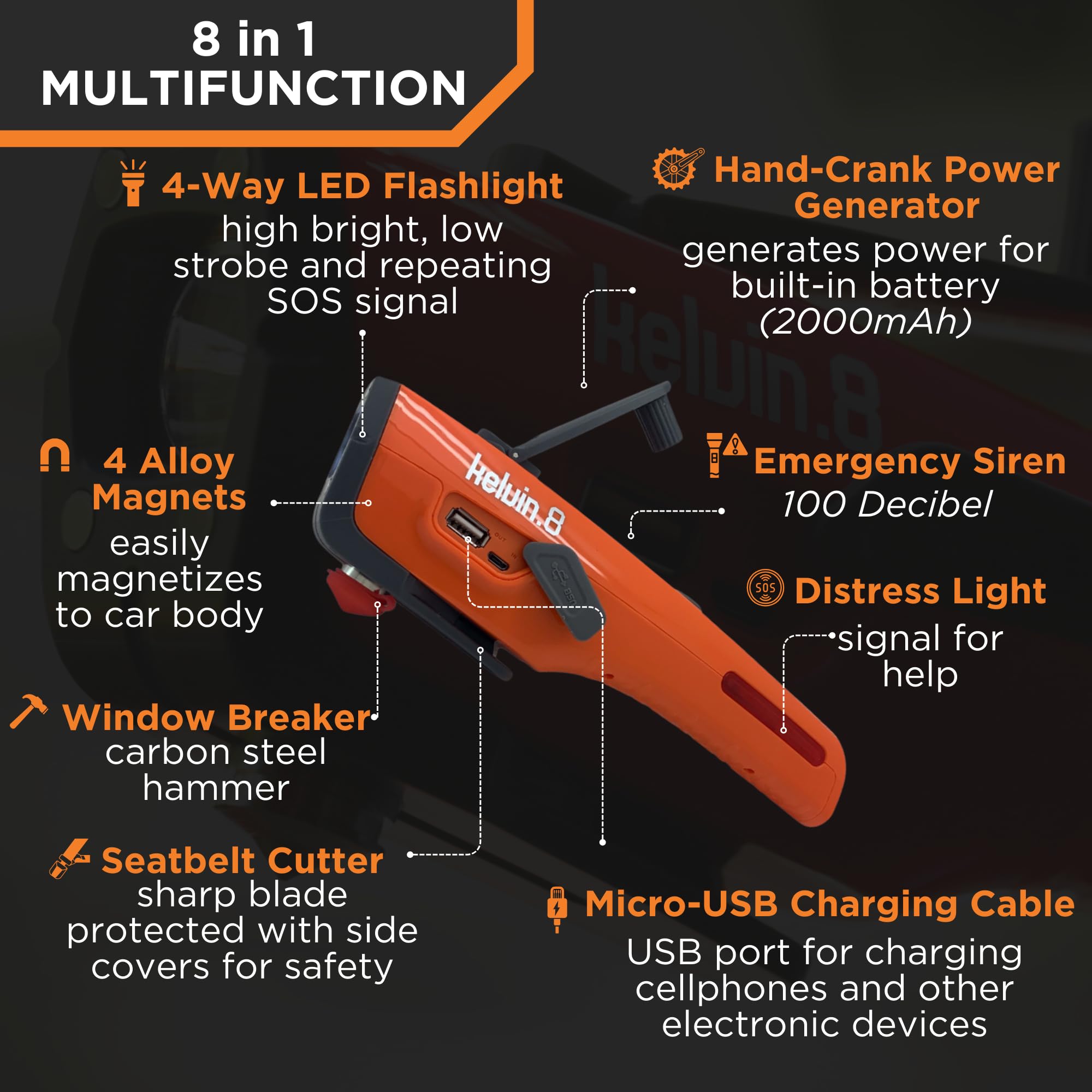 KELVIN 8 Automotive Emergency Tool 8: Power Generator with USB Powerbank, Razor Sharp Seat Belt Cutter, Car Flashlight Emergency Kit, Safety Window Hammer, & 100 db Emergency Siren - Orange