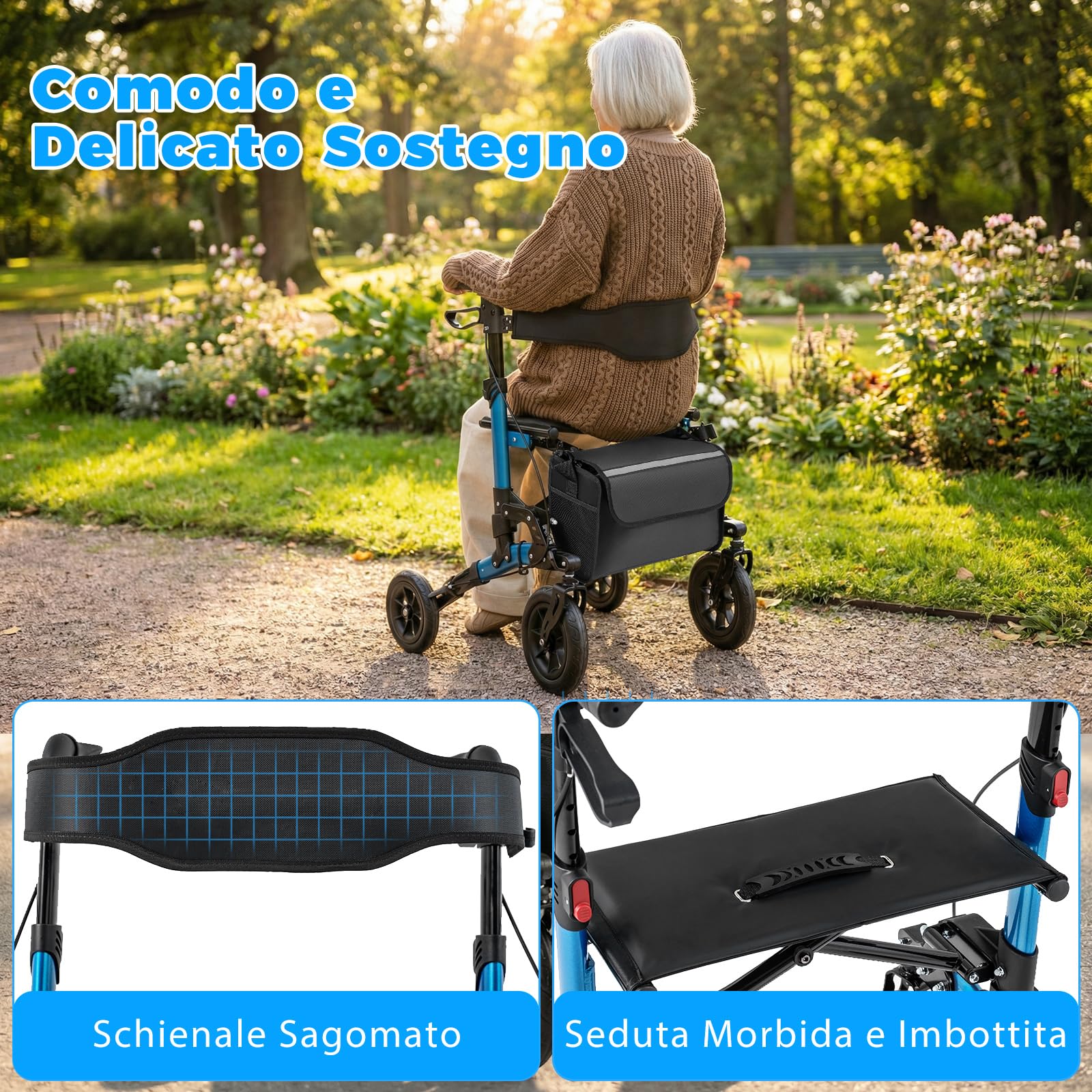 COSTWAY Deambulatore a Rotelle per Anziani, 2 in 1 Deambulatore Pieghevole con Seduta, Ammortizzatore, Schienale in Rete, Sospensione a Molla, 4 Ruote, Portacanne e Borsa Portaoggetti (Blu)