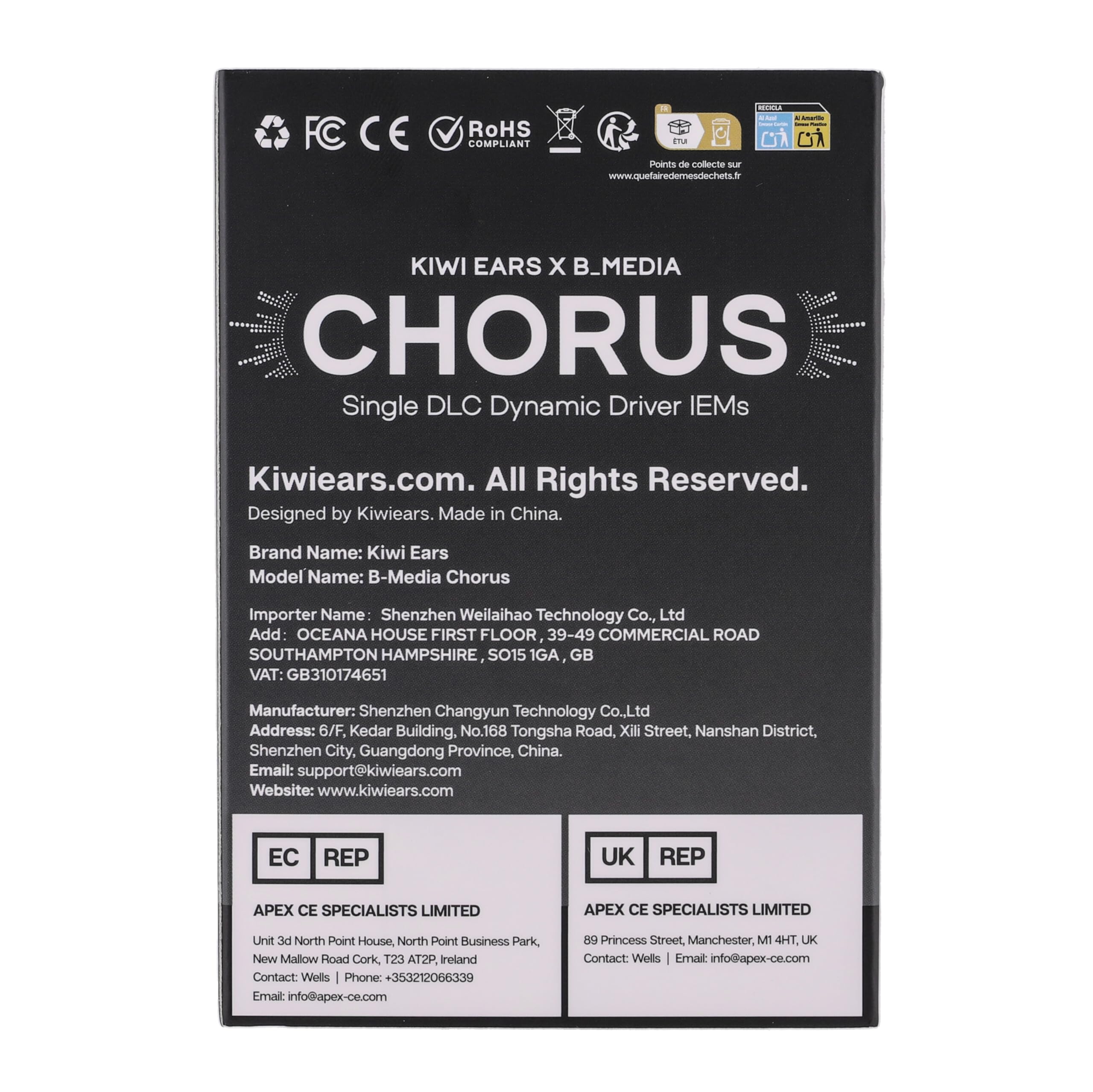 Linsoul Kiwi Ears x B_Media: Chorus Słuchawki douszne typu in-ear z funkcją Chorus, dynamiczny przetwornik z membraną DLC, z metalową płytką czołową wykonaną (1, Czarny, Mikrofon typu C)
