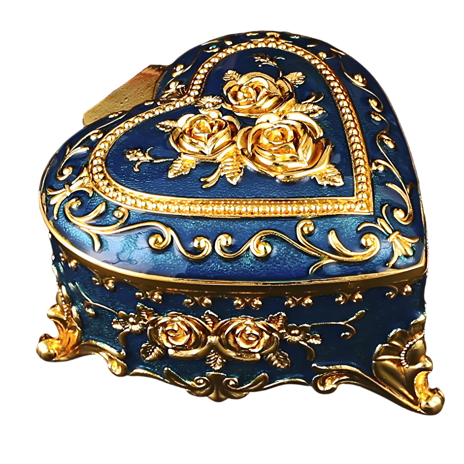 Shaped Jewelry Box with Rose Embossed Lid, Zinc Alloy Trinket Storage for Earrings, Necklaces and Vanity Display Heart Shaped Jewelry Box Rose Embossed Trinket Storage Zinc Alloy Vanity Dresser Holder