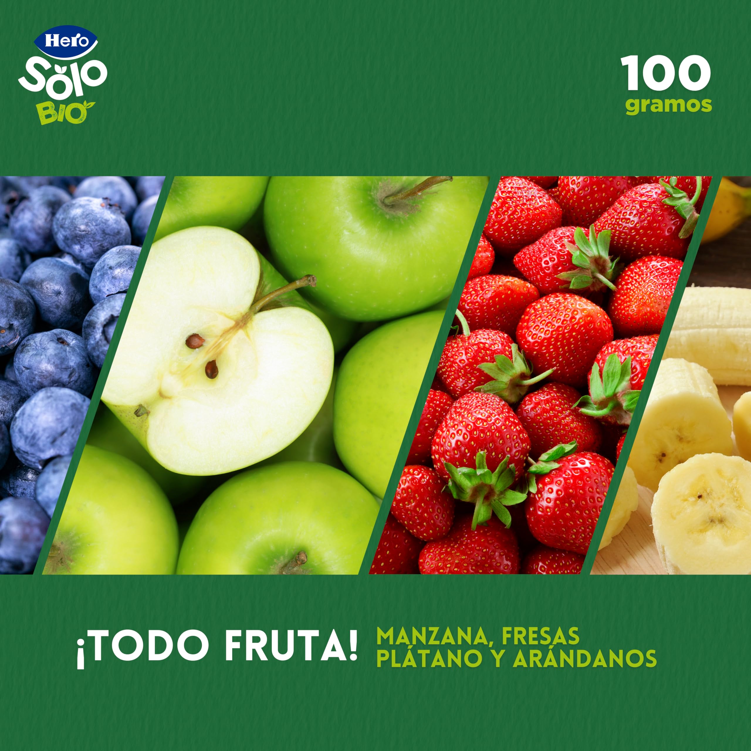 Hero Solo Bolsitas ecológicas de Manzana, Fresa, Plátano y Arándanos BIO para Bebés 100 g