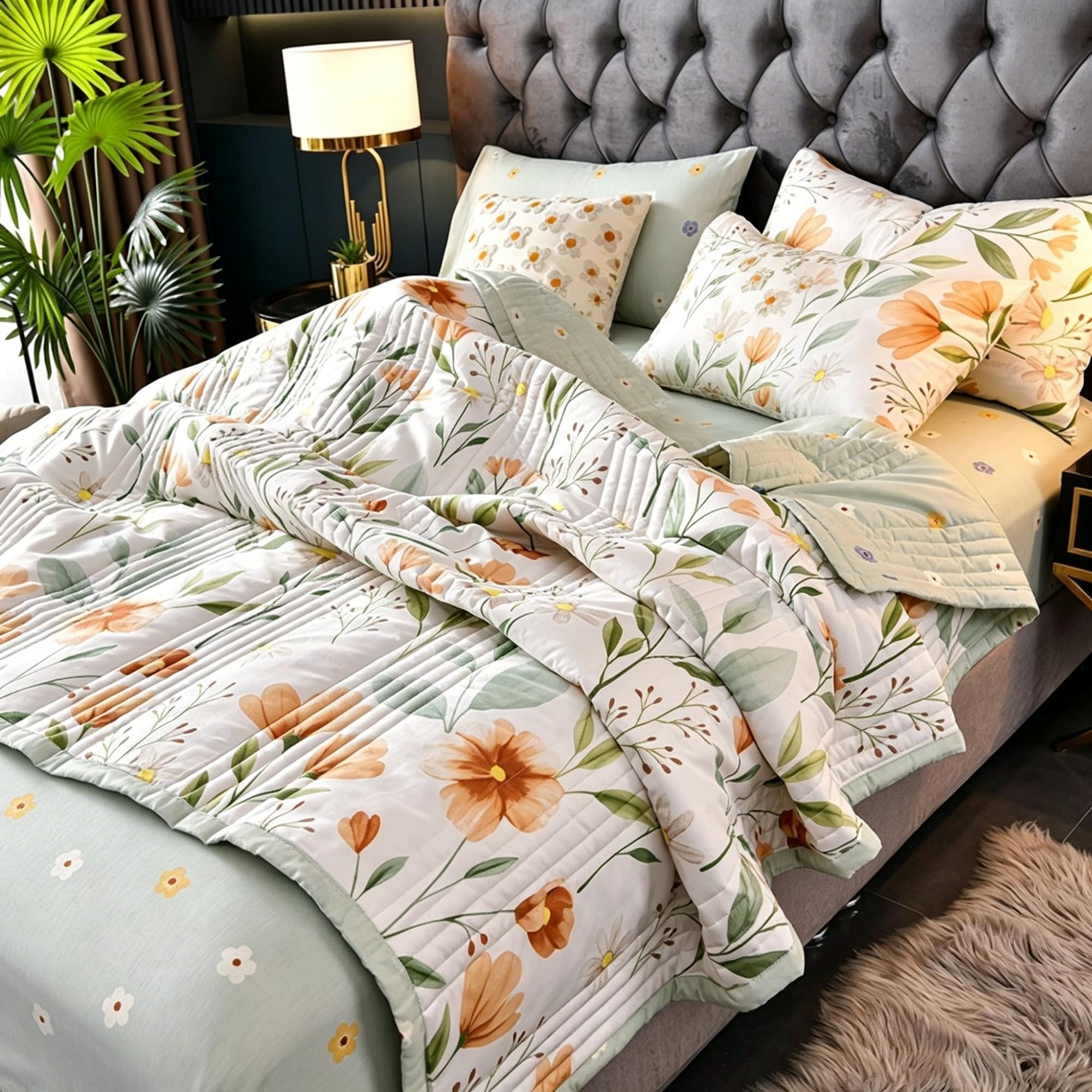 Couvre-lit matelassé vert en microfibre 180x200 cm avec motif de fleurs réversible pour lit simple