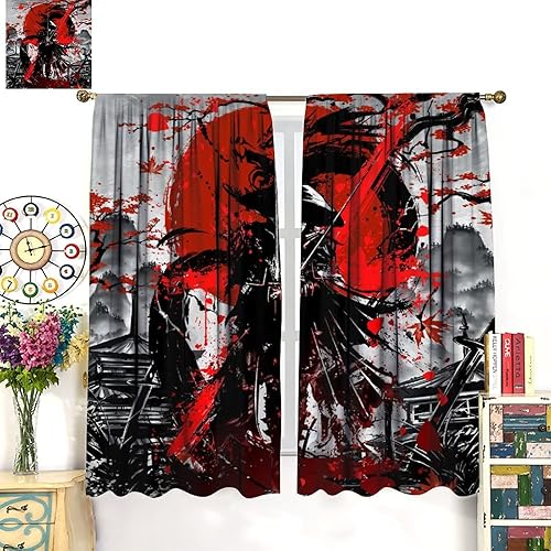 Miniatura 3 de Cortinas opacas con temática japonesa para sala de estar, cortinas de ventana con diseño de samuráis de anime en acuarela y flores de cerezo de