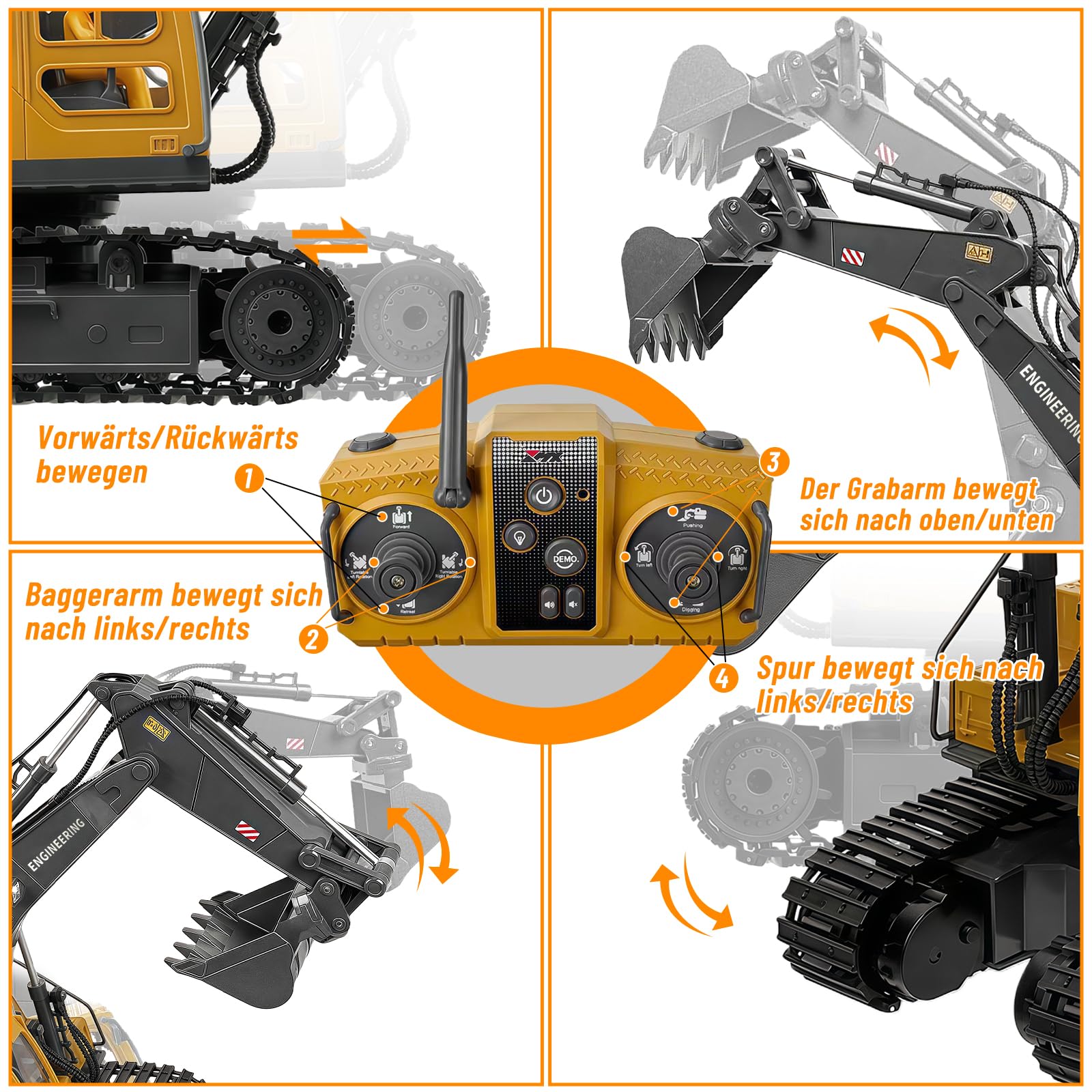 kolegend 3-in-1 Ferngesteuerter Bagger, 14-Kanal RC Bagger Spielzeug mit DREI Metallköpfen, 680° Drehbarer Radlader mit Lichtern & Musik, Geschenk Ab 6-12 Jahre