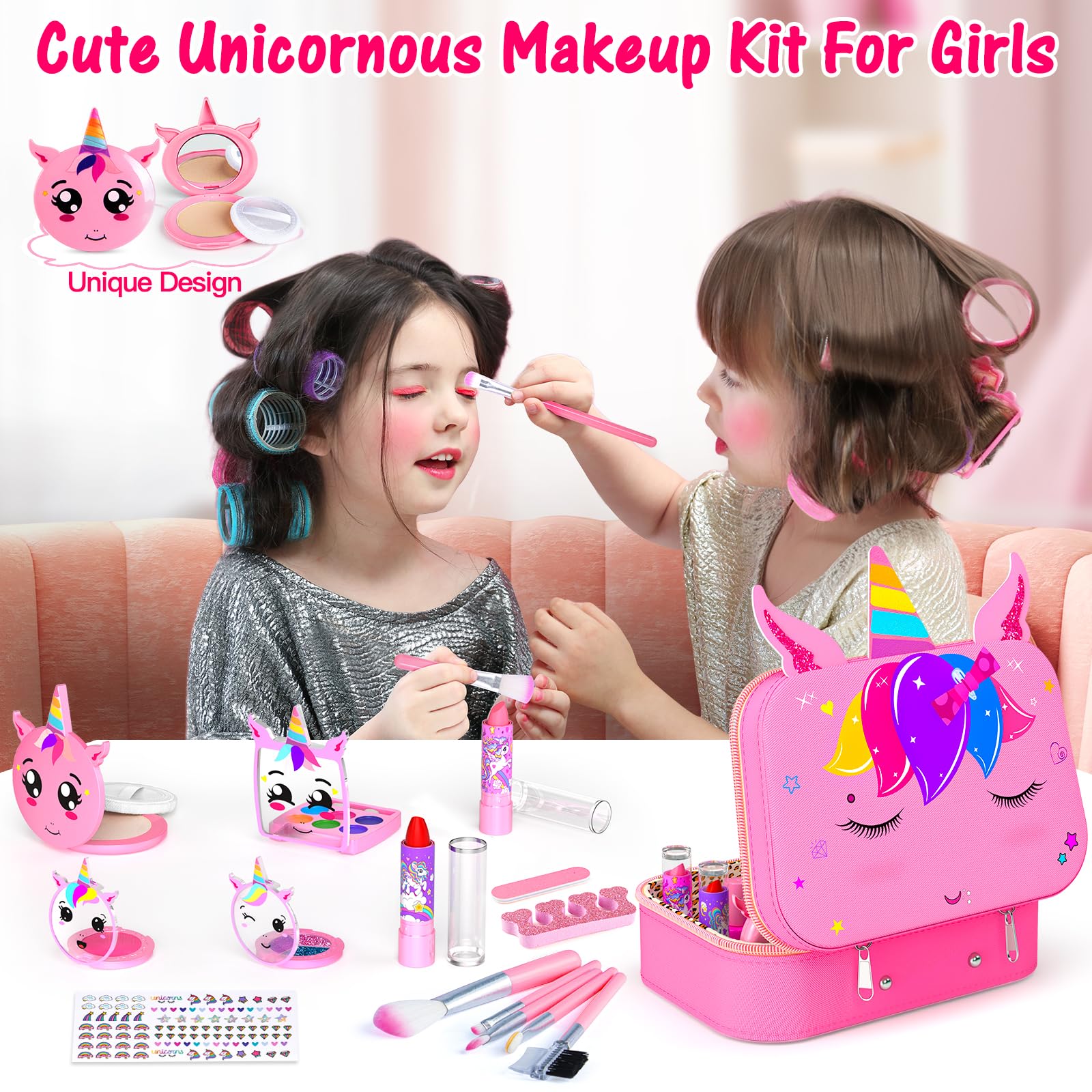 Kids Makeup Kit for Girl - 2 In 1 Kids Washable Makeup Toys & Nail Art Kits with Nail Dryer and Cosmetic Case, Princess Dress Up Set for Girls, Real Girls Makeup Set for Ideal Gifts Toys for 3-12 Year