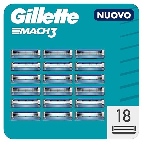 Immagine del prodotto Gillette Mach3 LAMETTE DA BARBA, 18 RICAMBI (da 3 Lame), Microaletta Protettiva, Ottimo Scorrimento con Striscia Lubrificante, Fino a 15 Rasature con 1 Testina