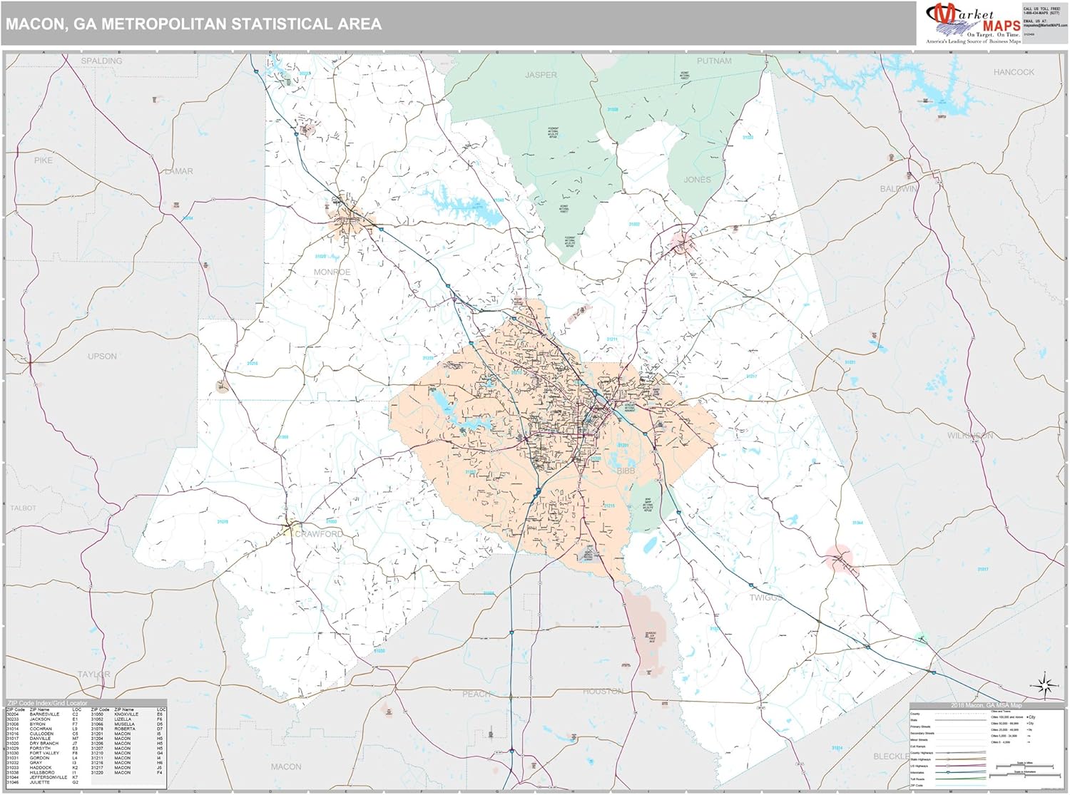 Macon, GA Metro Area Wall Map 2018 ZIP Codes