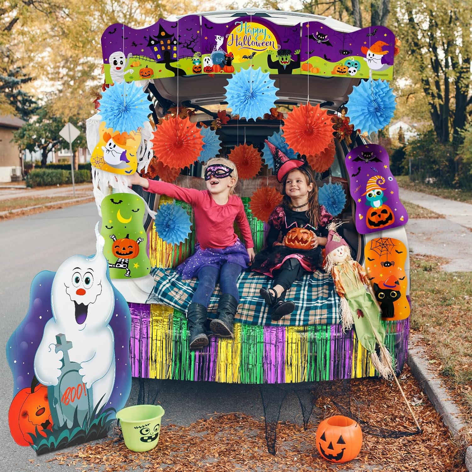 Yeaqee Halloween Trunk or Treat Car Decoration Kit Happy Halloween Banner Boo Pumpkin Border with Standing Ghost Skirt Paper Hanging Fans for Halloween Party Car SUV Decor
