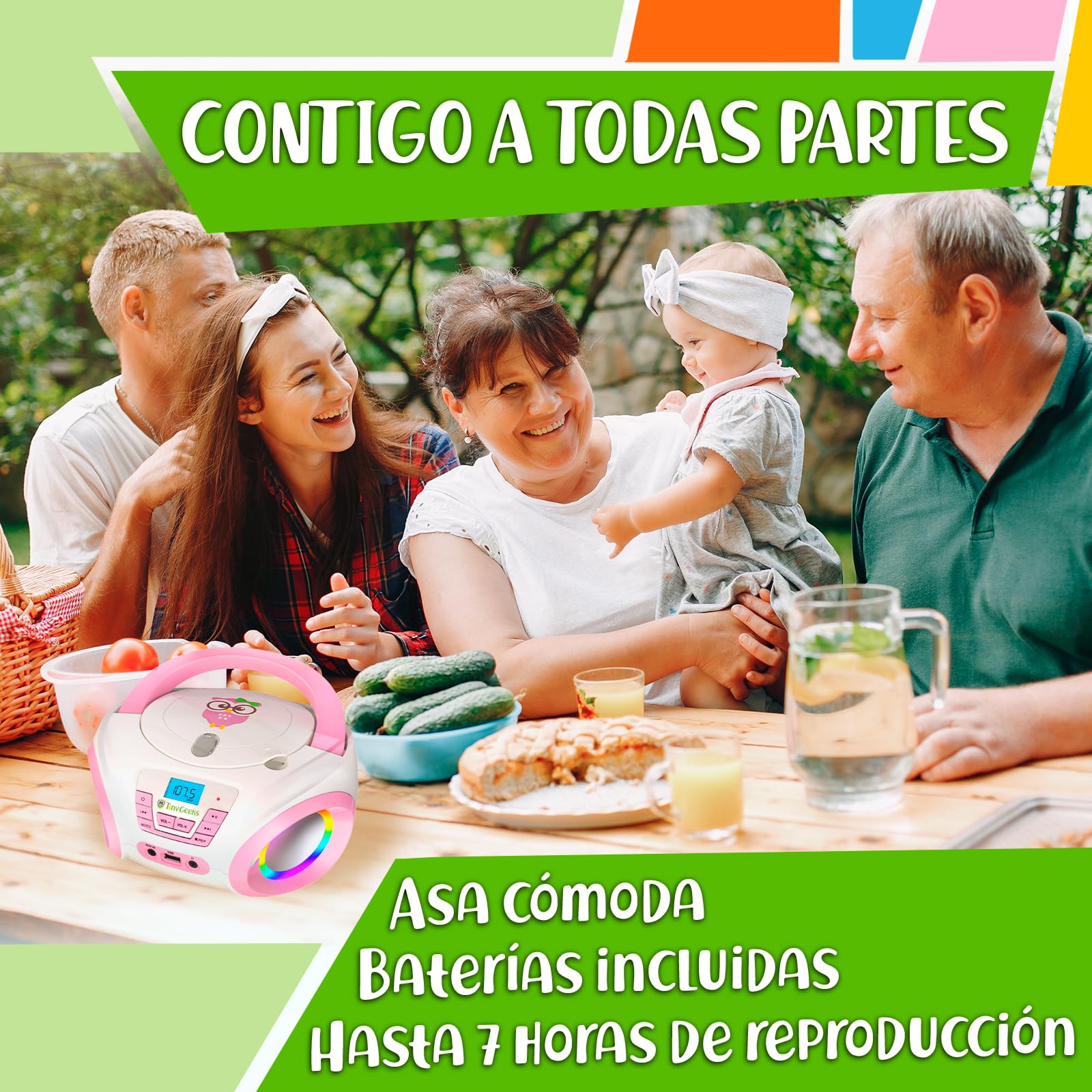 Tinygeeks Tunes Reproductor de CD para niños - Nuevo - Radio FM y baterías Incluidas - Radio CD con Altavoces, USB, AUX - El Regalo Ideal para niños y niñas - Rosa