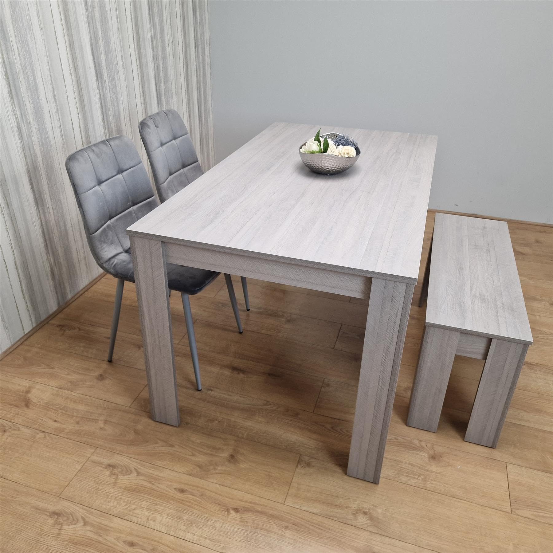 KOSY KOALA Dining Table and 2 Chairs With Bench Grey 2 Grey Velvet Chairs Wooden Bench Wood Dining Set Furniture
