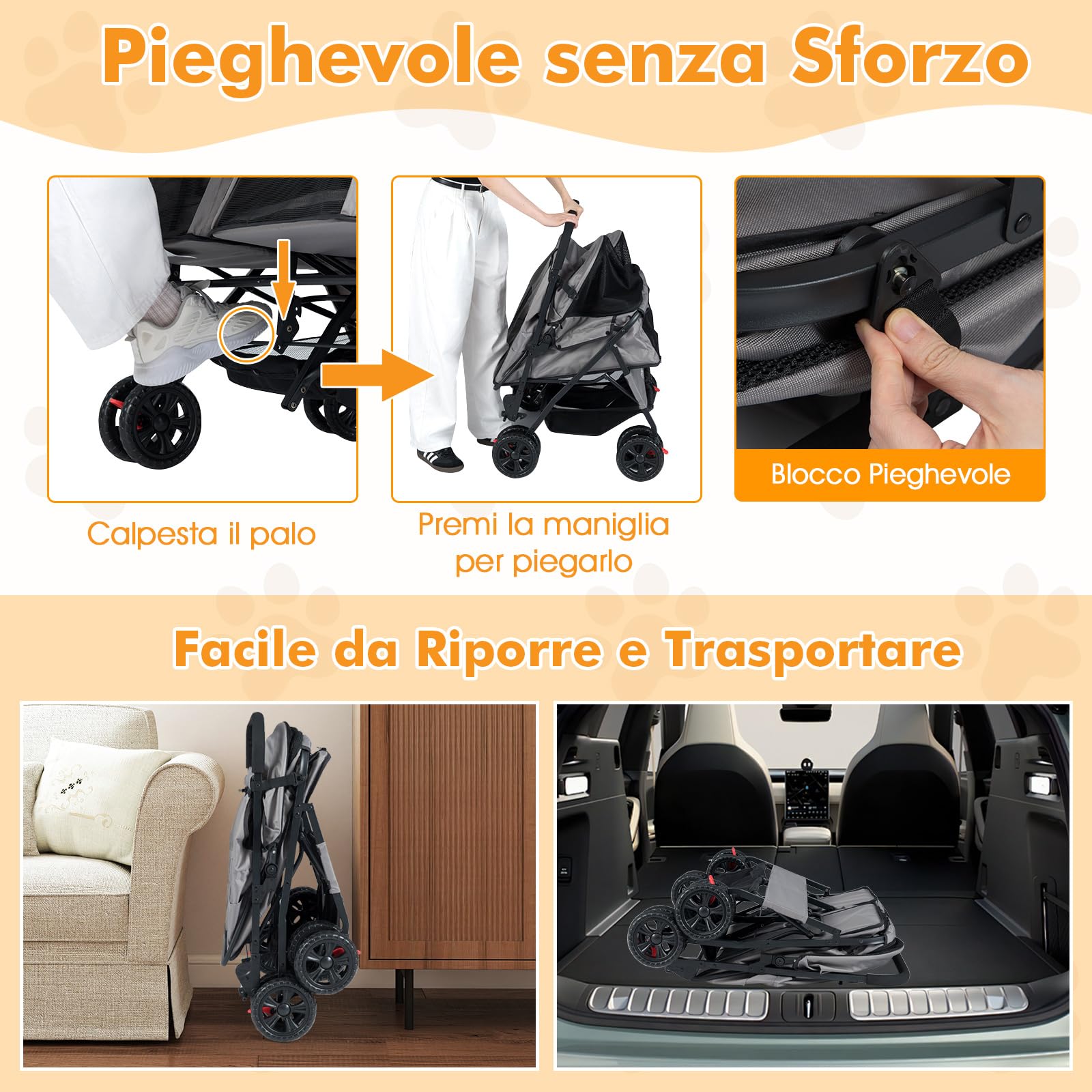 COSTWAY Passeggino Doppio per Cani, Carrozzina Pieghevole a 2 Posti con Tettuccio Regolabile, Cuscino Rimovibile, Cintura di Sicurezza, Cestino e 4 Ruote, Passeggino per 2 Cuccioli e Gatti (Grigio)