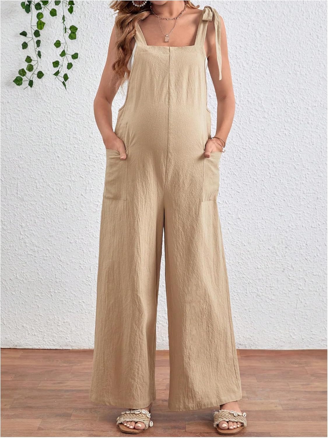 OYOANGLE Women's Maternity Front Pocket Pregnancy Jumpsuit Knot Shoulder Strap Sleeveless Wide Leg Overalls - Image 5