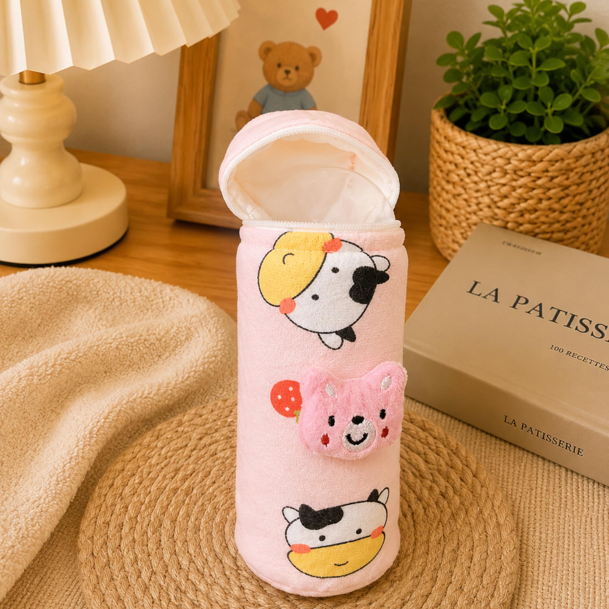 THE LITTLE LOOKERS Soft Plush Stretchable Baby Feeding Bottle Cover with Easy to Hold Strap | Cute Animated Overall Print Pack of 2 (Pink & Blue, Zip Closure 240ml/8oz) 3