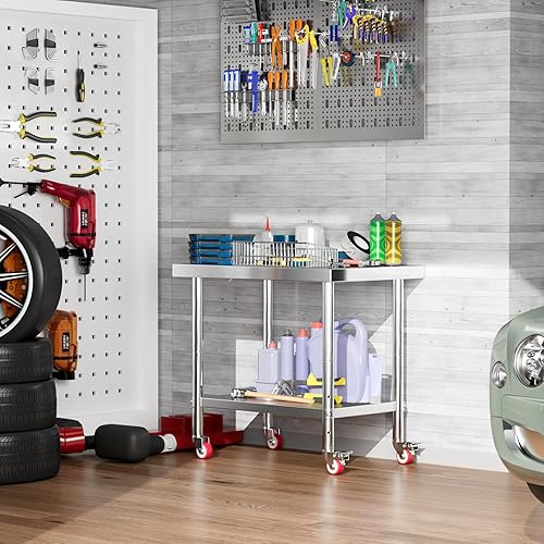 Miniatura 2 de KUARBARR Nueva mesa de acero inoxidable 2023 para preparación y trabajo con 4 ruedas giratorias con estante inferior de 24 x 36 pulgadas NSF de