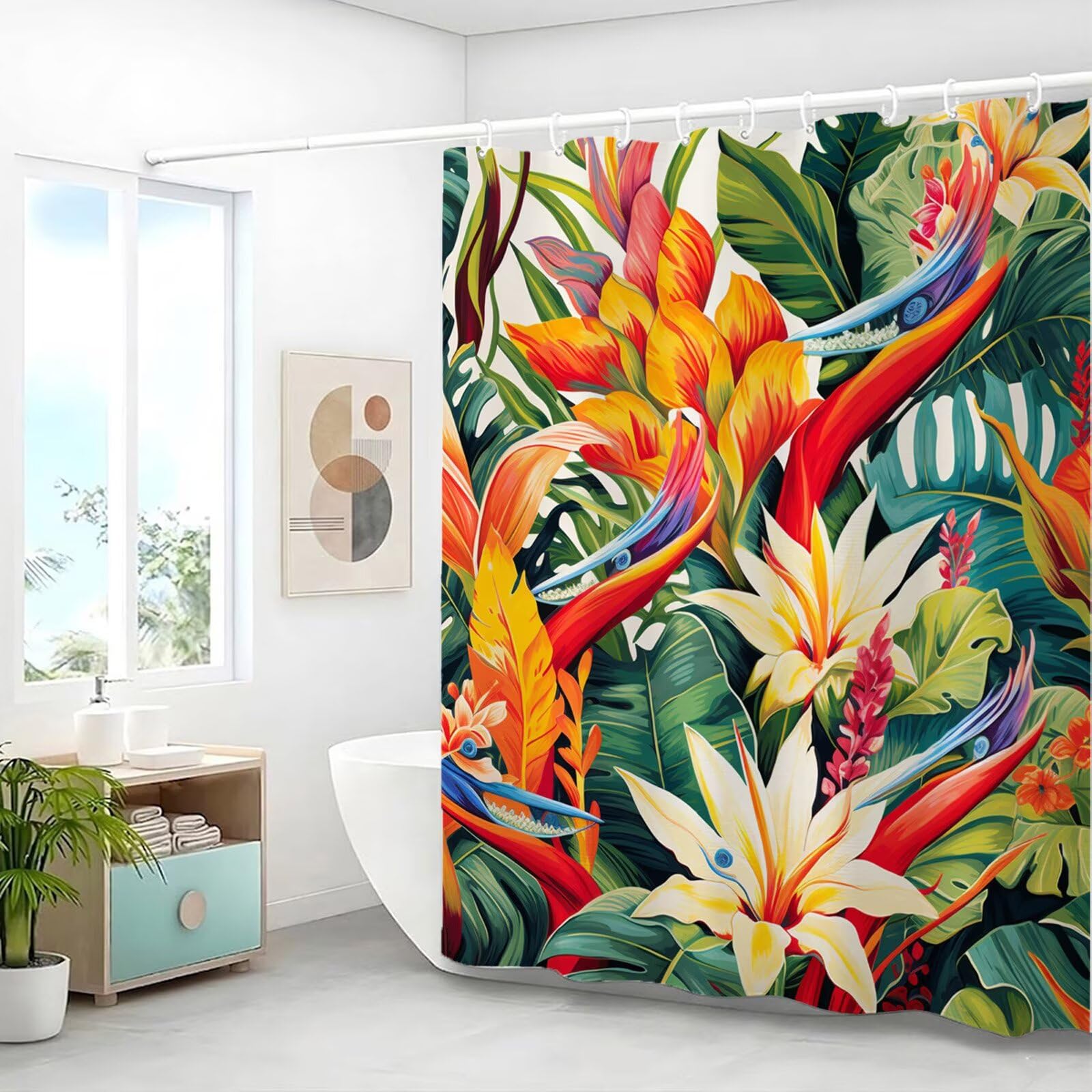 Duschvorhang 220x200 cm Anti Schimmel - Bunt Design - Wasserdicht & Waschbar Schnelltrocknender Polyester Stoff - Inkl. 12 Ringe und Gewicht Shower Curtain für Badezimmer Badewanne, Tropisch J8-146