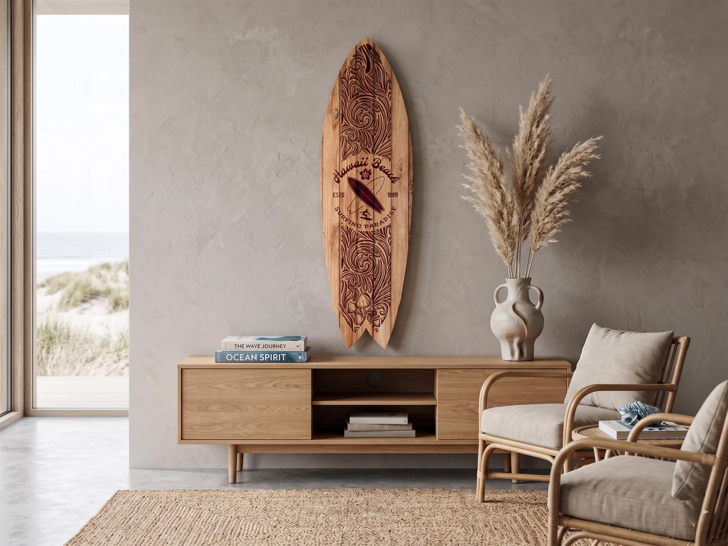 DECLINA, planche de surf décorative, décoration murale, surf déco, alu-dibond, Planche de surf déco Hawaii Beach, 100x30 cm