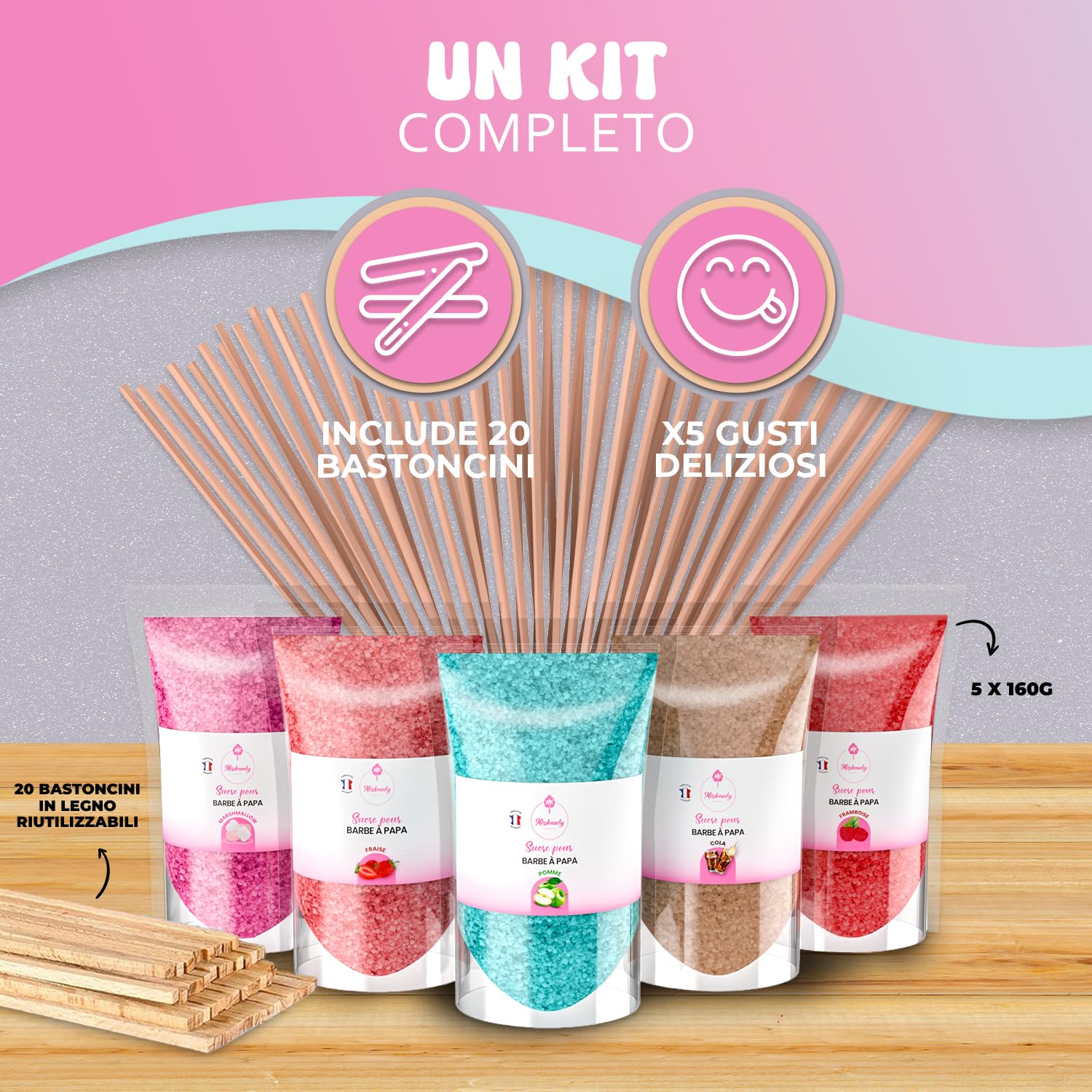 Misskandy® Zucchero per Zucchero Filato (5x160 gr) - Set di 5 Gusti (Fragola/Cola/Mela/Marshmallow/Lampone) - Aromi e Colori Naturali - 20 Bastoncini - MADE IN FRANCE