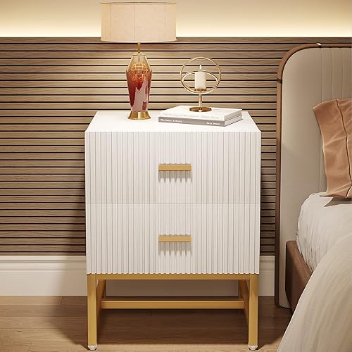 Miniatura 7 de Tribesigns Mesita de noche Beadside Table Gold mesa auxiliar moderna con 2 cajones, mesa auxiliar de sofá de madera con 2 cajones para dormitorio,