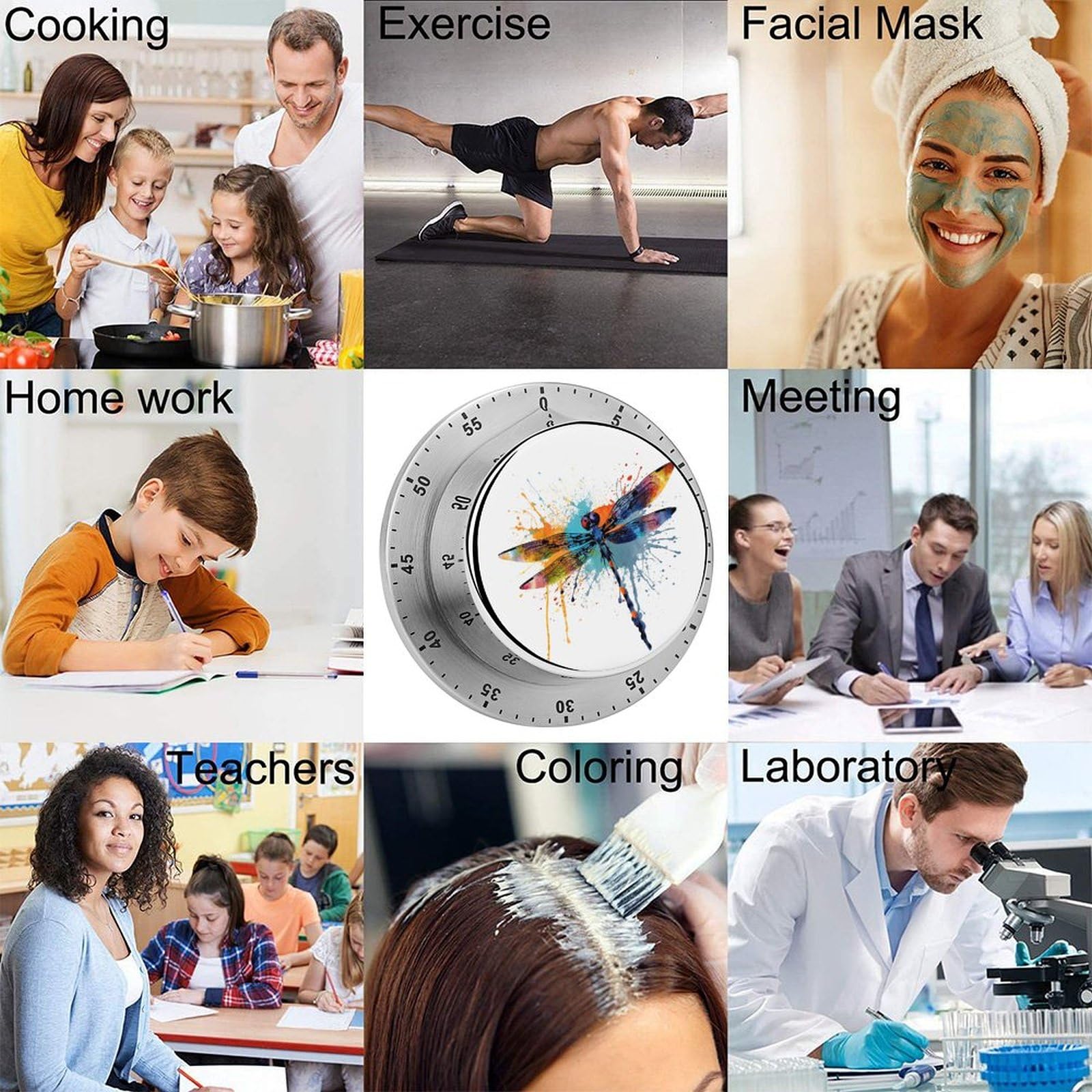Mechanischer Edelstahl-Timer, Küchentimer, Farbspritzer, Libelle, bedruckt, Edelstahl, Countdown-Timer für Fitness-Projekte und Küchenaufgaben