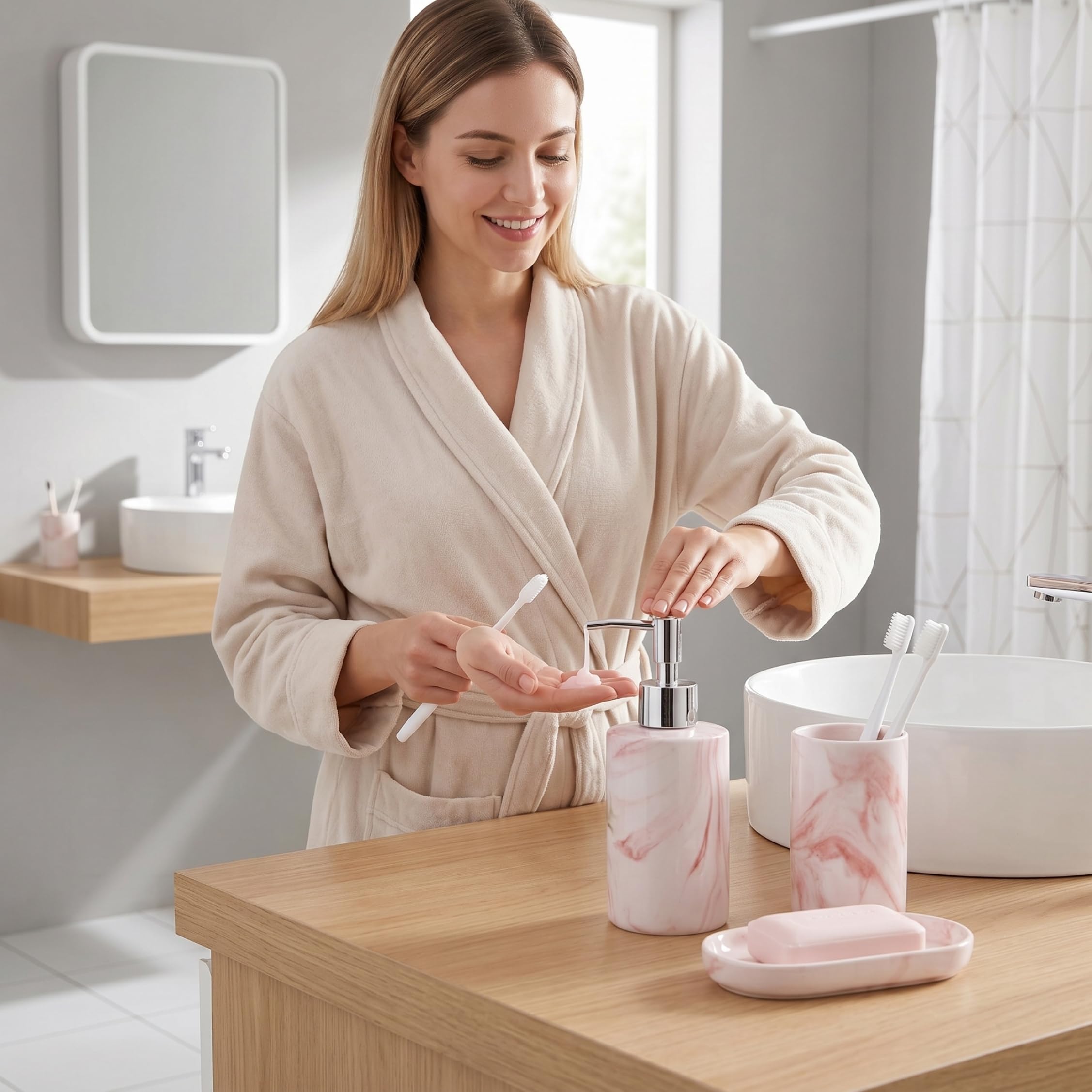 Set 3 Pezzi Porta Sapone e spazzolino da Denti - Set da Bagno in Marmo ceramico di Lusso Nordico, Bicchiere per spazzolino da Denti e portasapone