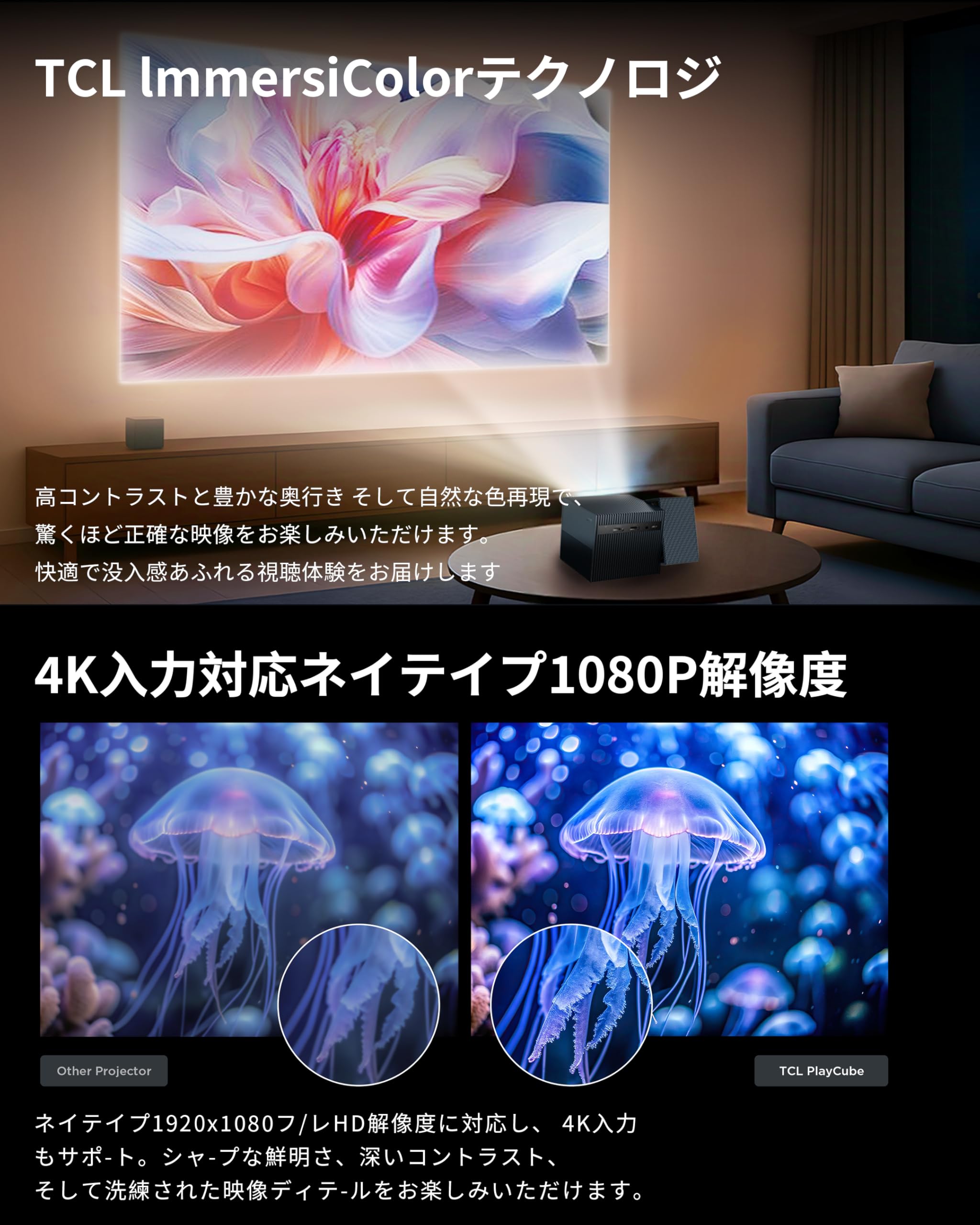 Amazon | TCL PlayCube 750 ISO 1080P FHD LED 小型 プロジェクター