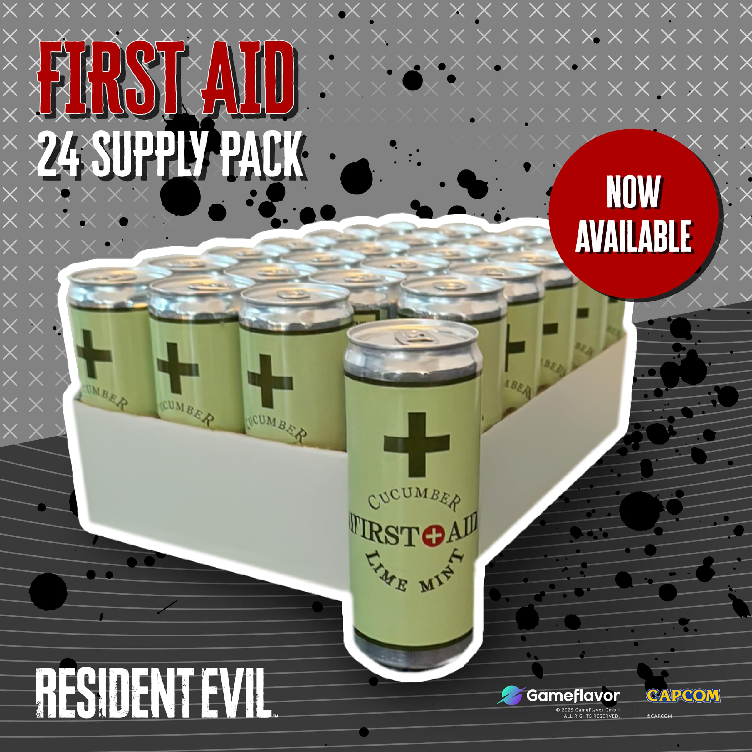 Resident Evil Collectible – Pack De 24 Bebidas First Aid De 330 Ml, Edición Limitada Con Licencia Capcom, Sabor Pepino-Lima-Menta