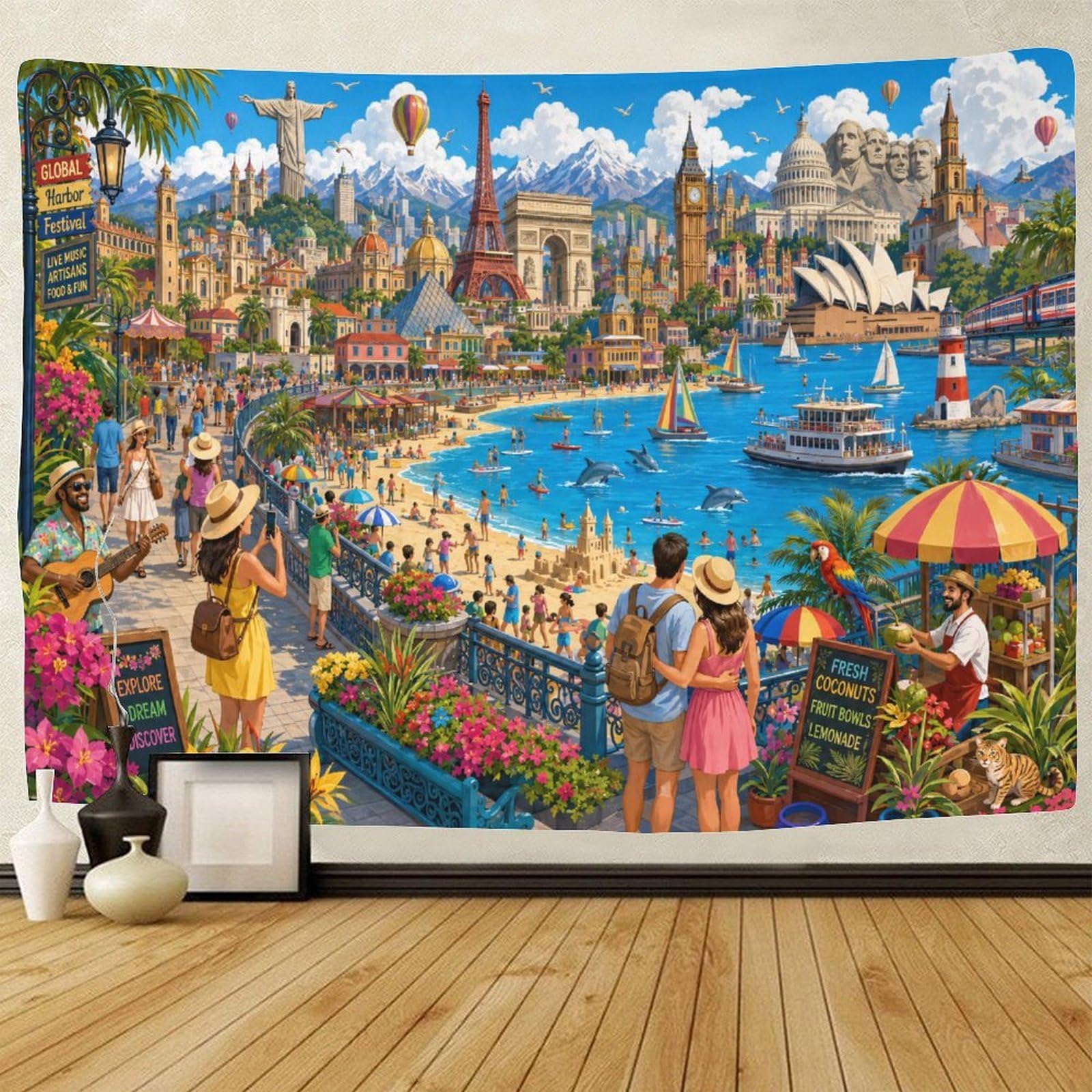 GPMNBCXZK World Famous Landmarks Collage 3D Print Wall Tapestry Wall Art Decor Tapestries Home Decoration Curtain Living Room College Dorm 180cmx230cm