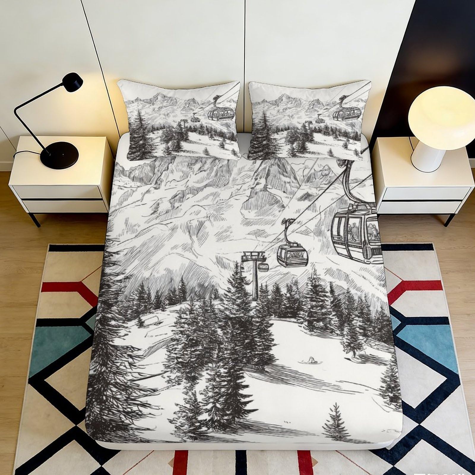 3D Printed Mountain Landscape Fitted Sheet Microfiber Soft Breathable Ski Resort Bed Cover for Bedroom Decor 90x200x25cm