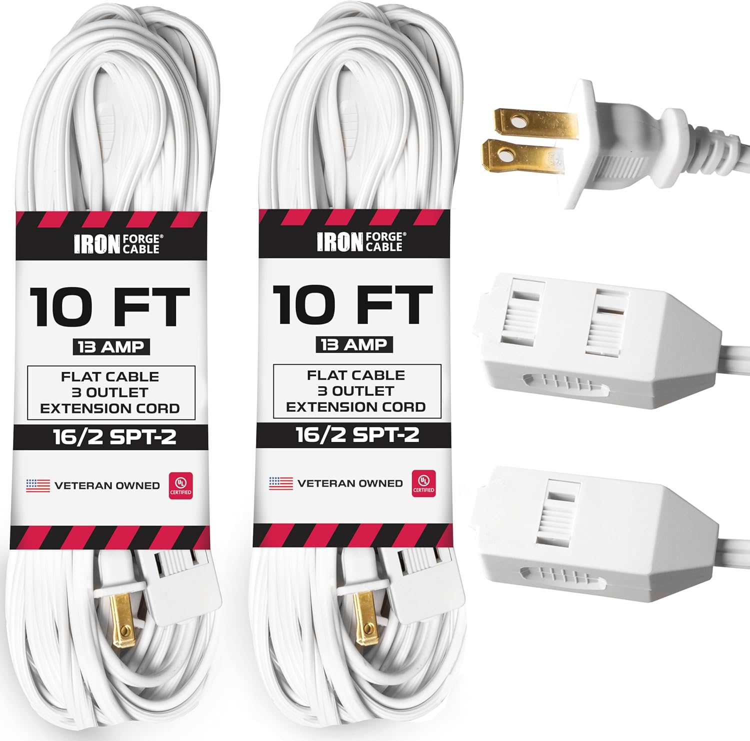 Iron Forge Cable Beige Outdoor Extension Cord 25 ft, 16/3 13 Amp SJTW Heavy Duty Power Weatherproof Cable & 2PK White Extension Cord 3 Outlet 10 Ft, 16/2 Durable Electrical Cable